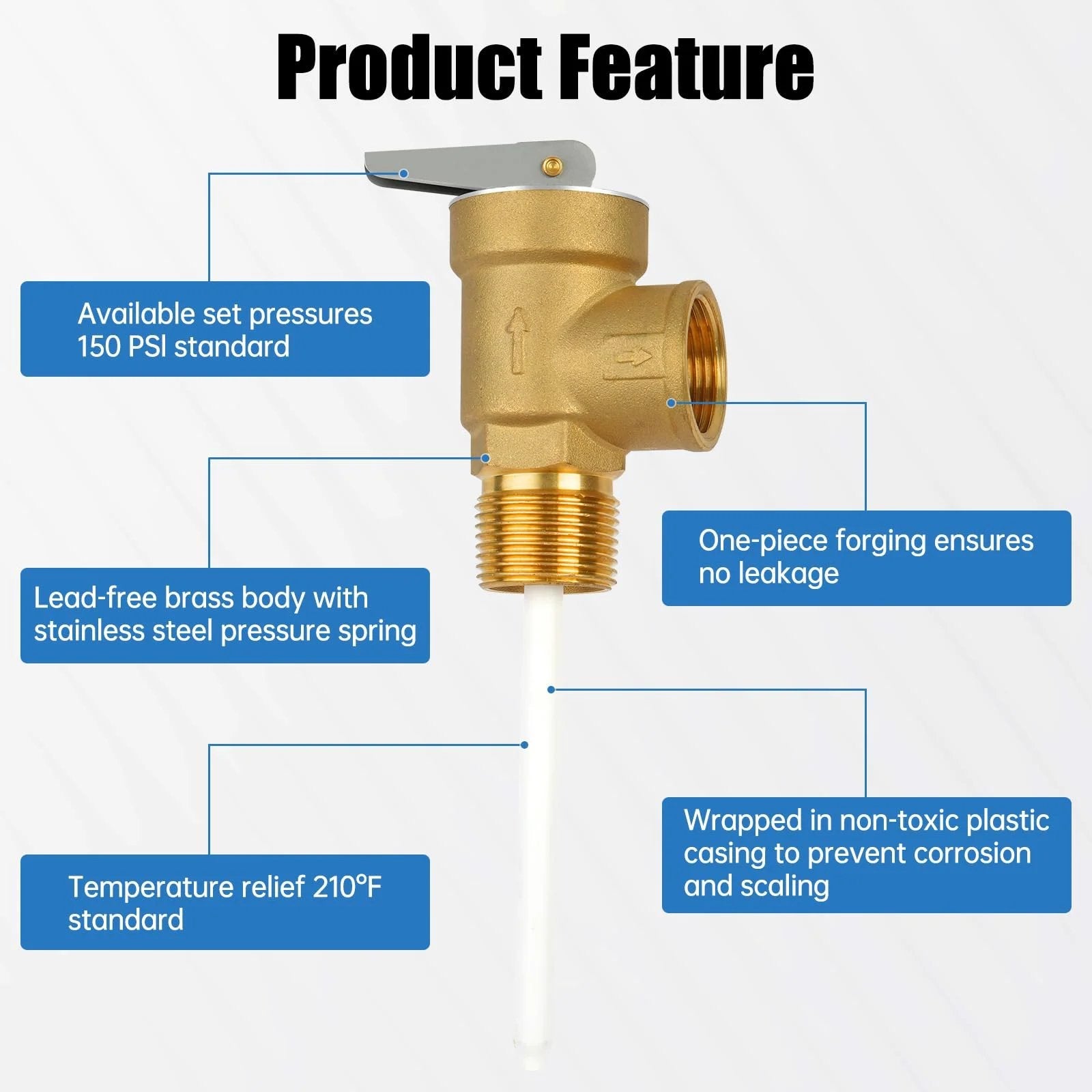 All Brass 3/4 Inch NPT Temperature and Pressure Relief Valve with extension probe and lever, CSA listed