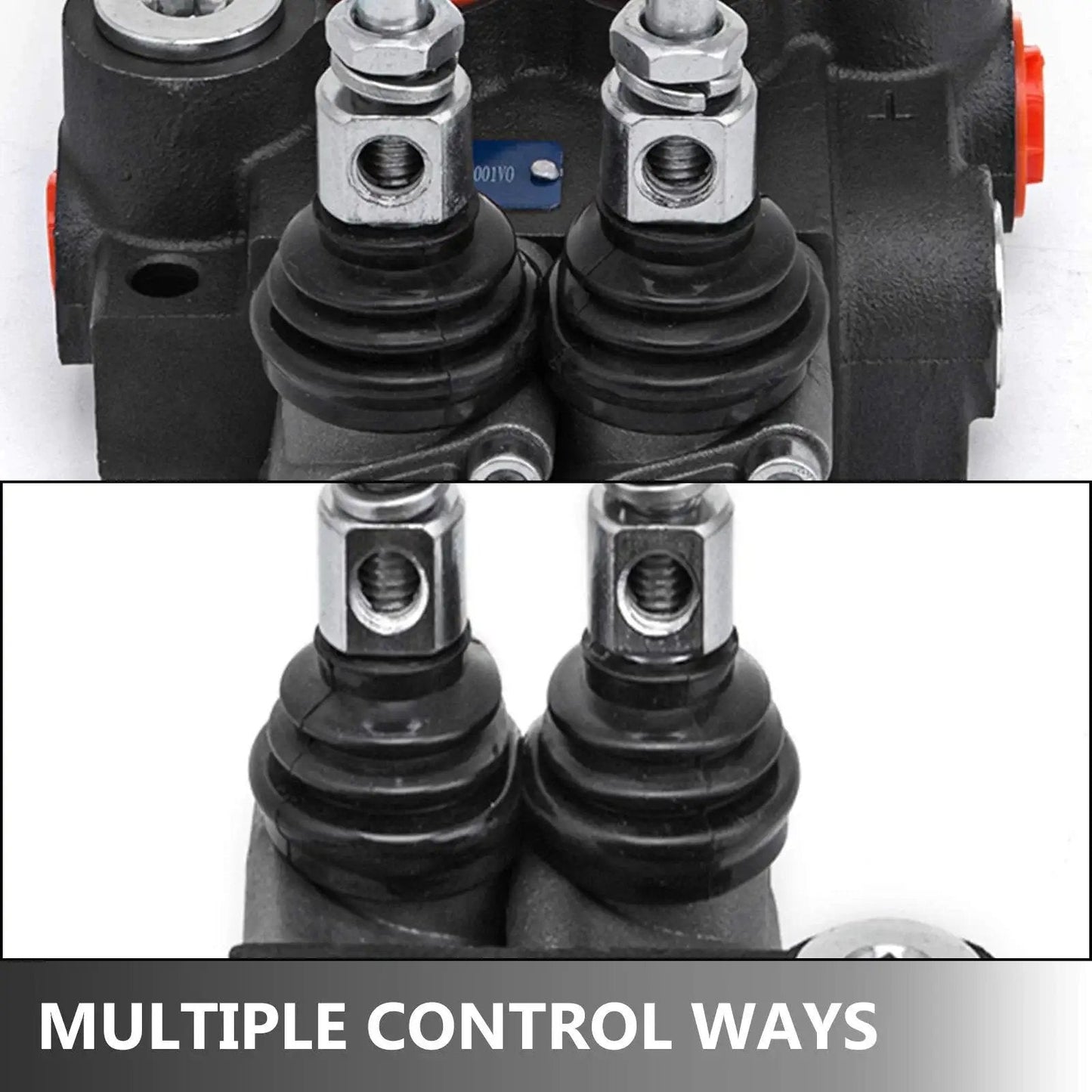 Close-up of two spool hydraulic directional control valve for double acting cylinders heavy duty construction 11 GPM 3600 PSI.