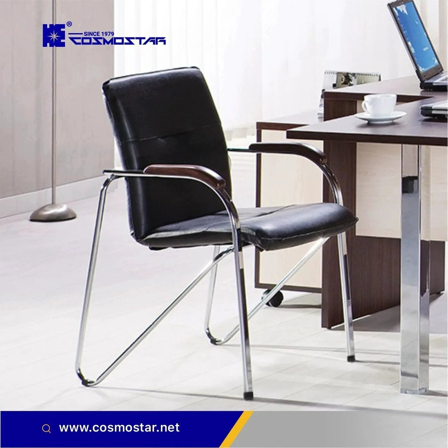 Office chair next to a desk, showcasing Cosmostar furniture in a modern workspace.