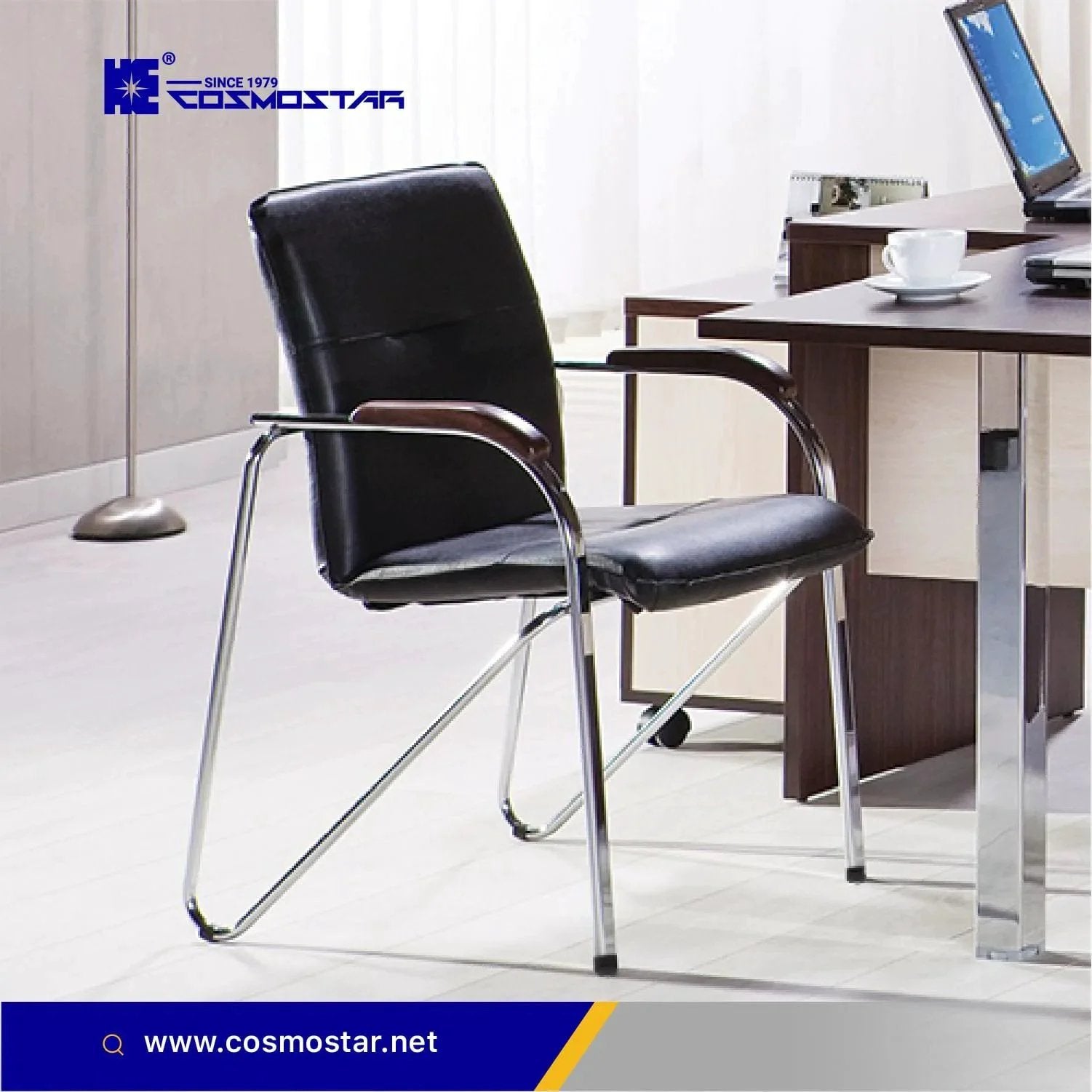 Office chair next to a desk, showcasing Cosmostar furniture in a modern workspace.