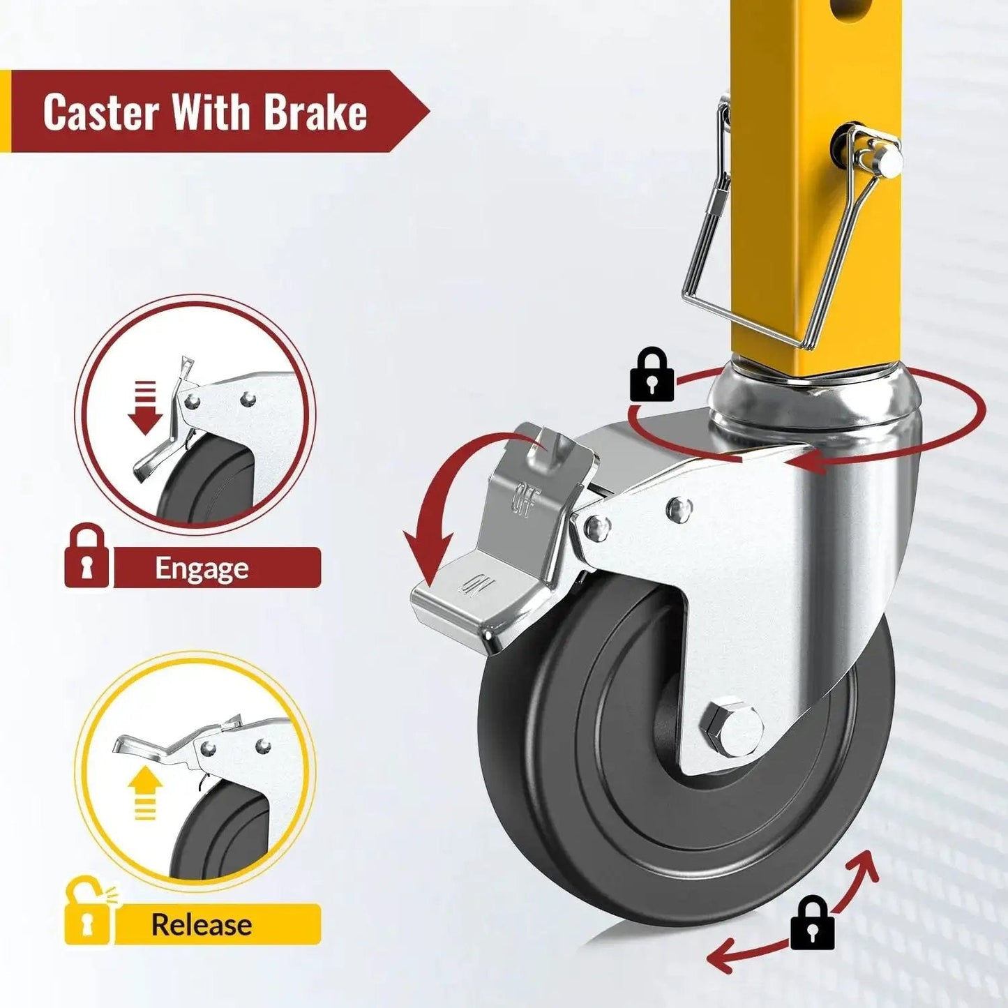 5 Inch Scaffolding Caster Wheels Set Of Four With Dual Locking Swivel Casters And One And A Quarter Inch Square Stem For Stainless Steel Scaffold Tubes Heavy Duty Replacement Castors 1190 Lb Load Capacity Industrial Grade showing brake mechanism and installation on a scaffold tube.