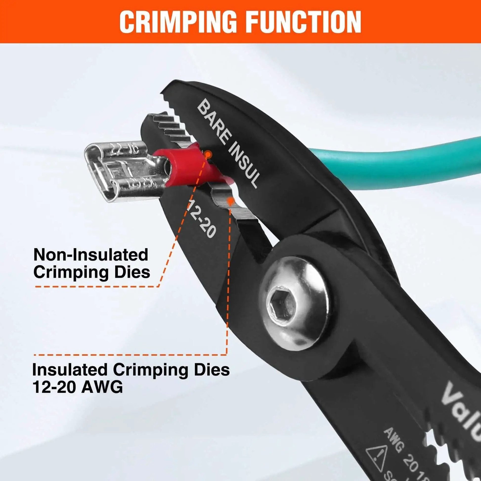 Close-up of the All In One Wire Stripper Tool For Clamping Stripping Cutting And Crimping Valuemax 4 In 1 Pliers crimping function.