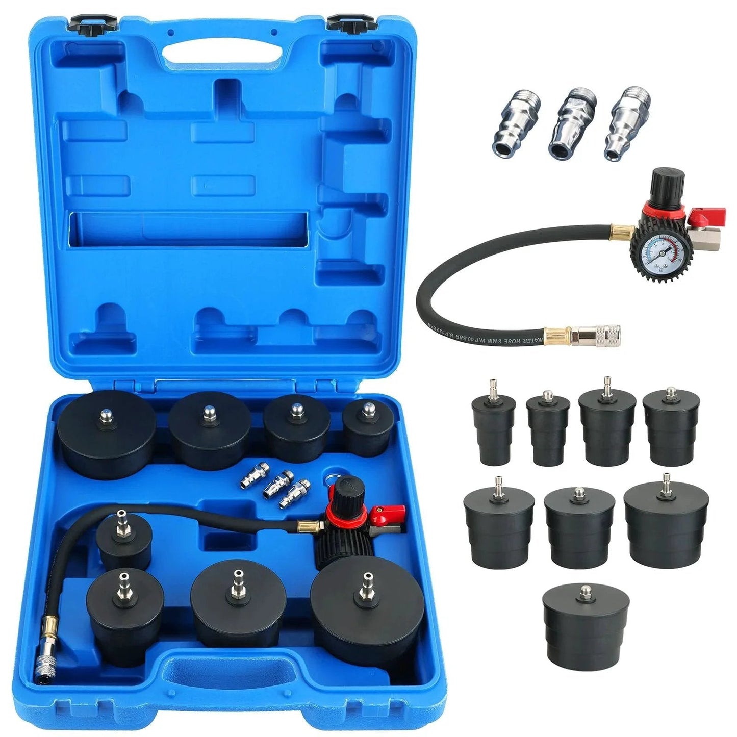 Beefed-Up Turbo System Leakage Tester Kit For Auto Turbo Boost Leaks, 12-piece set with 4 pairs of stepped adapters in a case