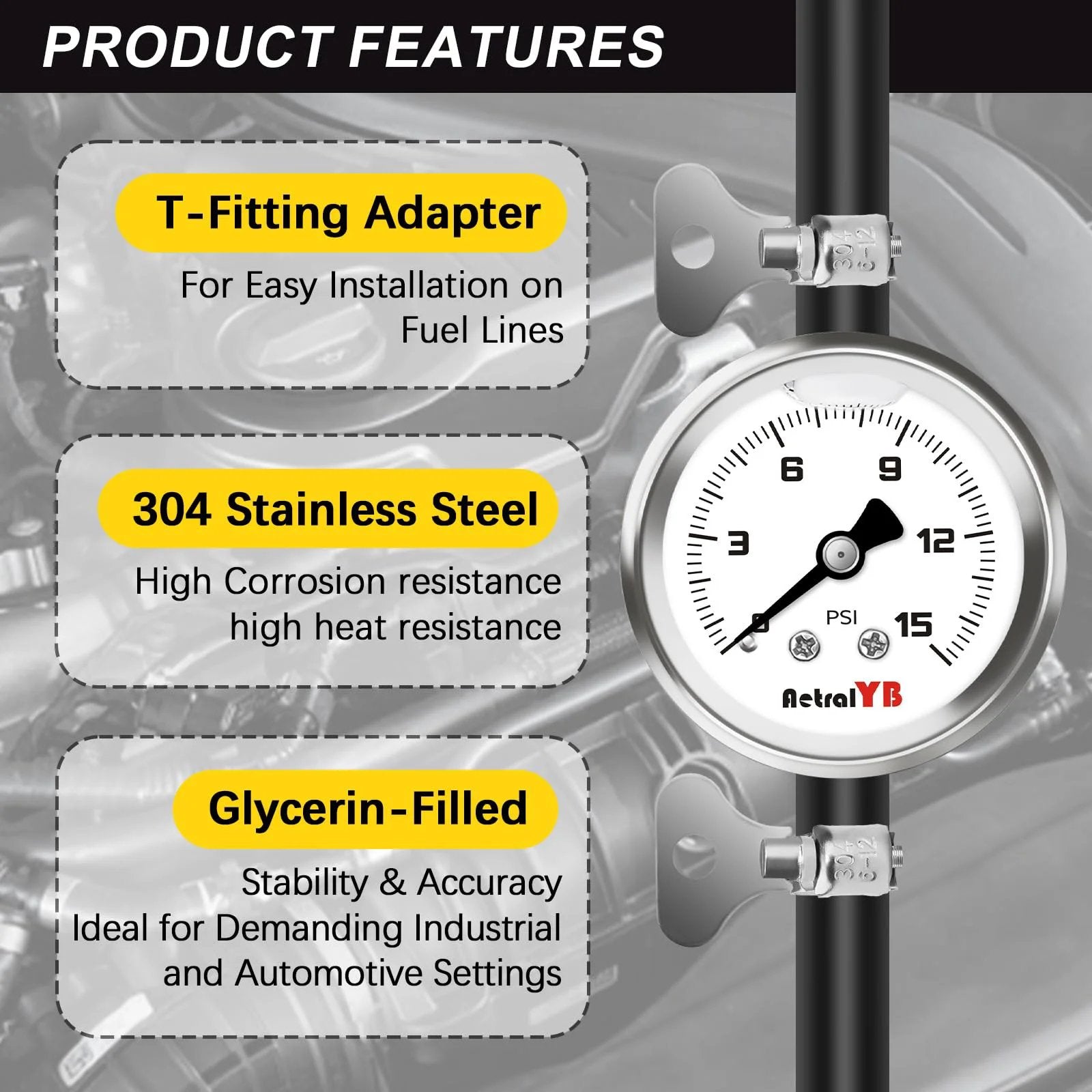 Pro Grade Inline Fuel Pressure Test Kit With One And A Half Inch Dial And 0 To 15 Psi Glycerin Filled Gauge One Eighth Inch NPT Port Inline Regulator With Gauge For Cars And Other Automotive Applications shown with T-Fitting Adapter and 304 Stainless Steel features.