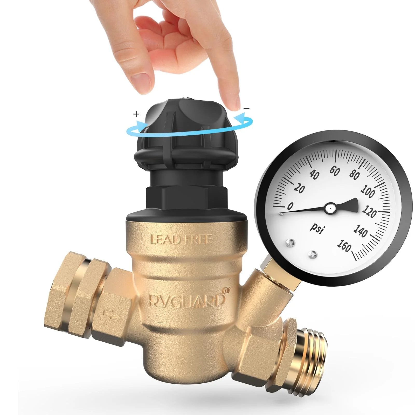 Adjustable Knob RV Water Pressure Regulator Valve By RVGUARD Tool Free Lead Free Brass Reducer With Gauge And Inlet Screen Filter For Camper And Travel Trailer Rigs