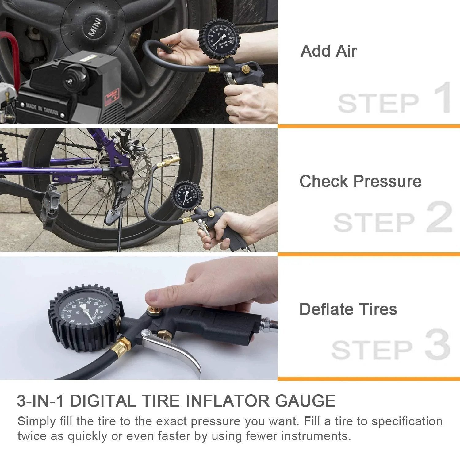 Tire Pressure Gauge With Inflator For Car And Truck, 0-100 PSI Accurate Within 1 PSI, showing steps of inflate, check pressure, deflate.