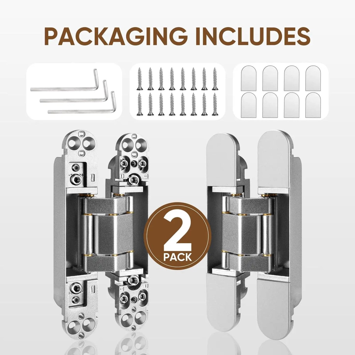 Hidden Door Hinges Set Two Pack Six Inch Three Way Adjustable Invisible Hinges With 180 Degree Swing Heavy Duty Concealed Hinges Load Bearing Up To 88 Lbs Silver Finish For Hidden Doors And Feature Walls packaging box
