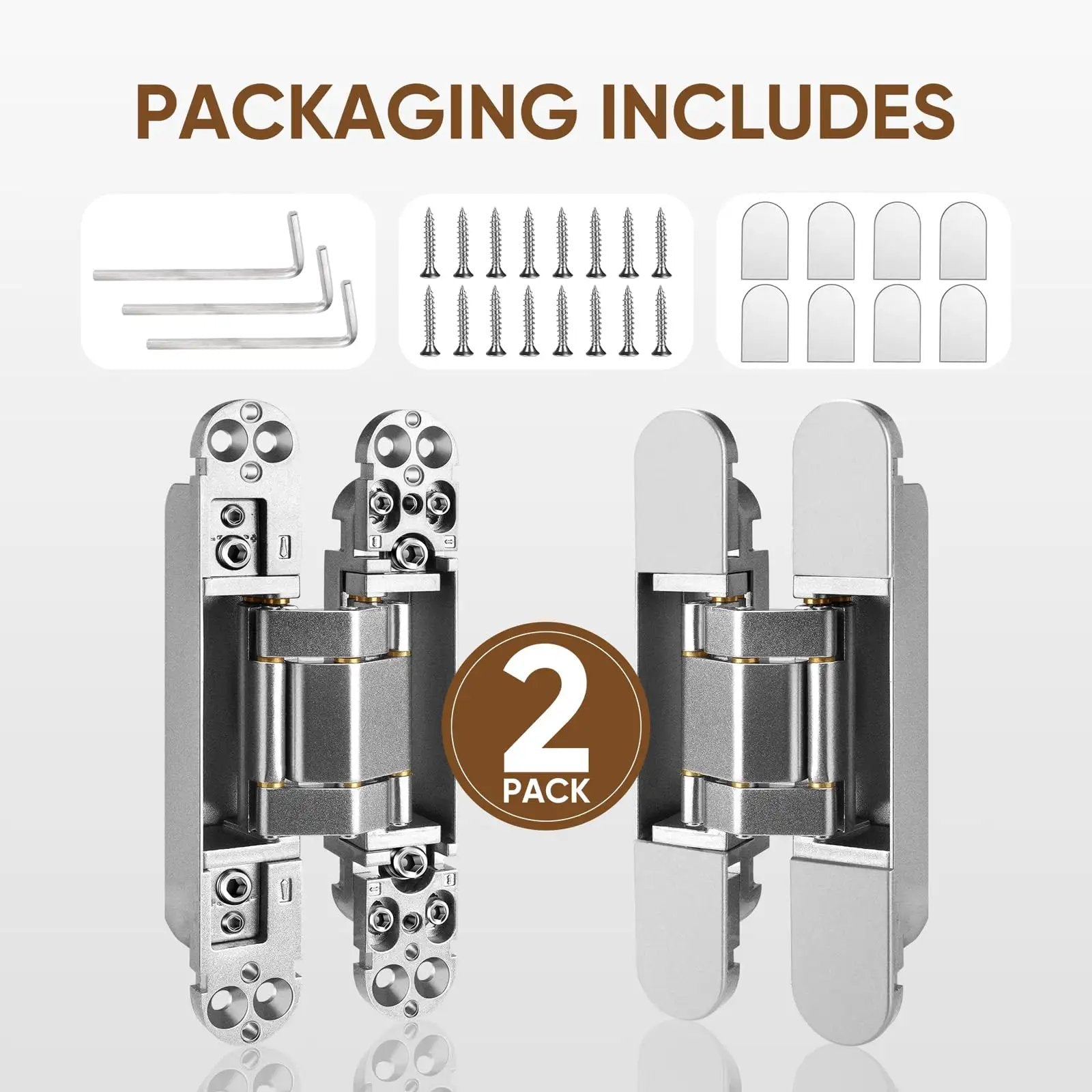 Hidden Door Hinges Set Two Pack Six Inch Three Way Adjustable Invisible Hinges With 180 Degree Swing Heavy Duty Concealed Hinges Load Bearing Up To 88 Lbs Silver Finish For Hidden Doors And Feature Walls packaging box