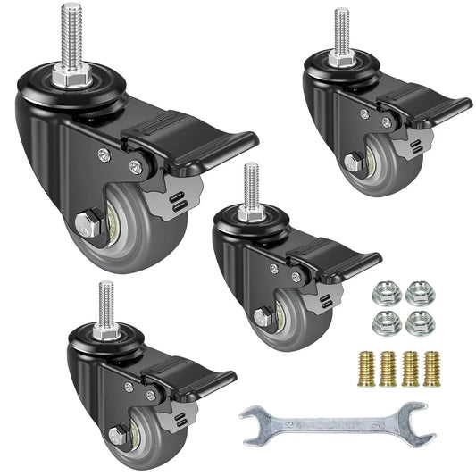 2 Inch Swivel Caster Wheels 4 Pack M8 1.25 Threaded Stem 8mm Durable Rubber With Double Lock For Carpet And Hardwood with tools