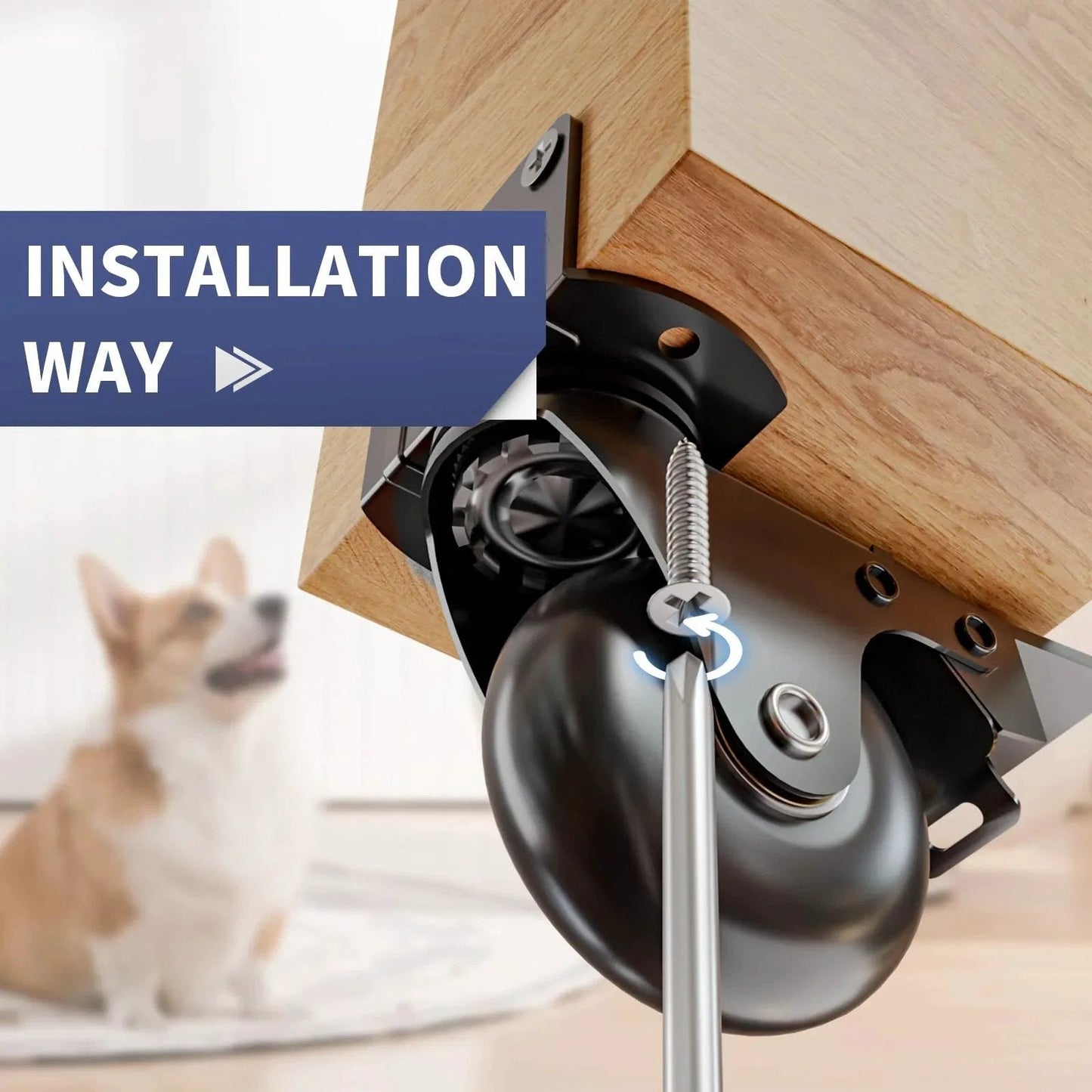 Installation view of 2-inch side mount plate caster wheel with brakes, showcasing thickened L-shaped mounting on wood furniture.