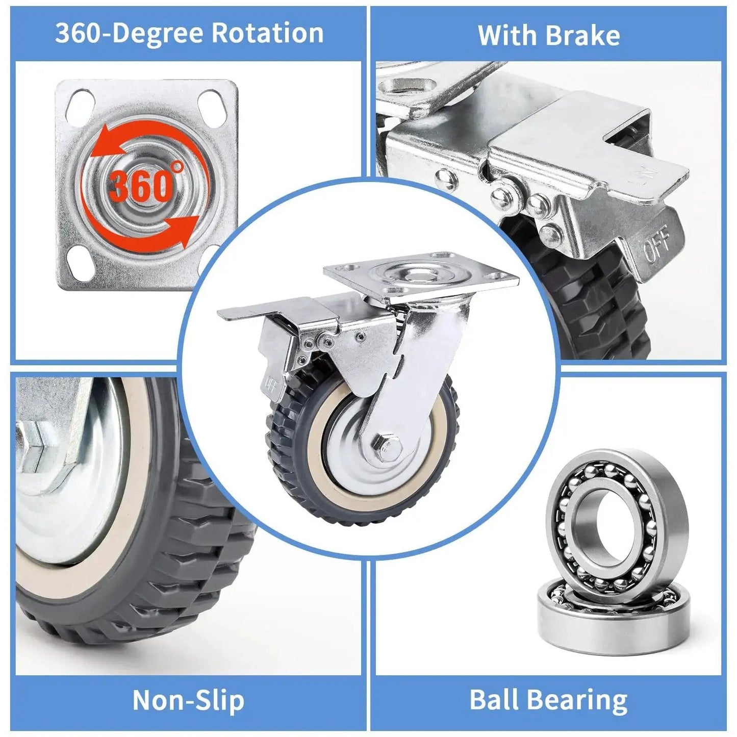 4 Pack 6 Inch Heavy Duty All 360 Degree Swivel Caster Wheels With 2 Brakes And 2 Non Brake Polyurethane Wheels 551 Lbs Per Wheel 1653 Lbs Total Load Capacity Plate Casters For Workbenches Carts And Furniture shown in detail
