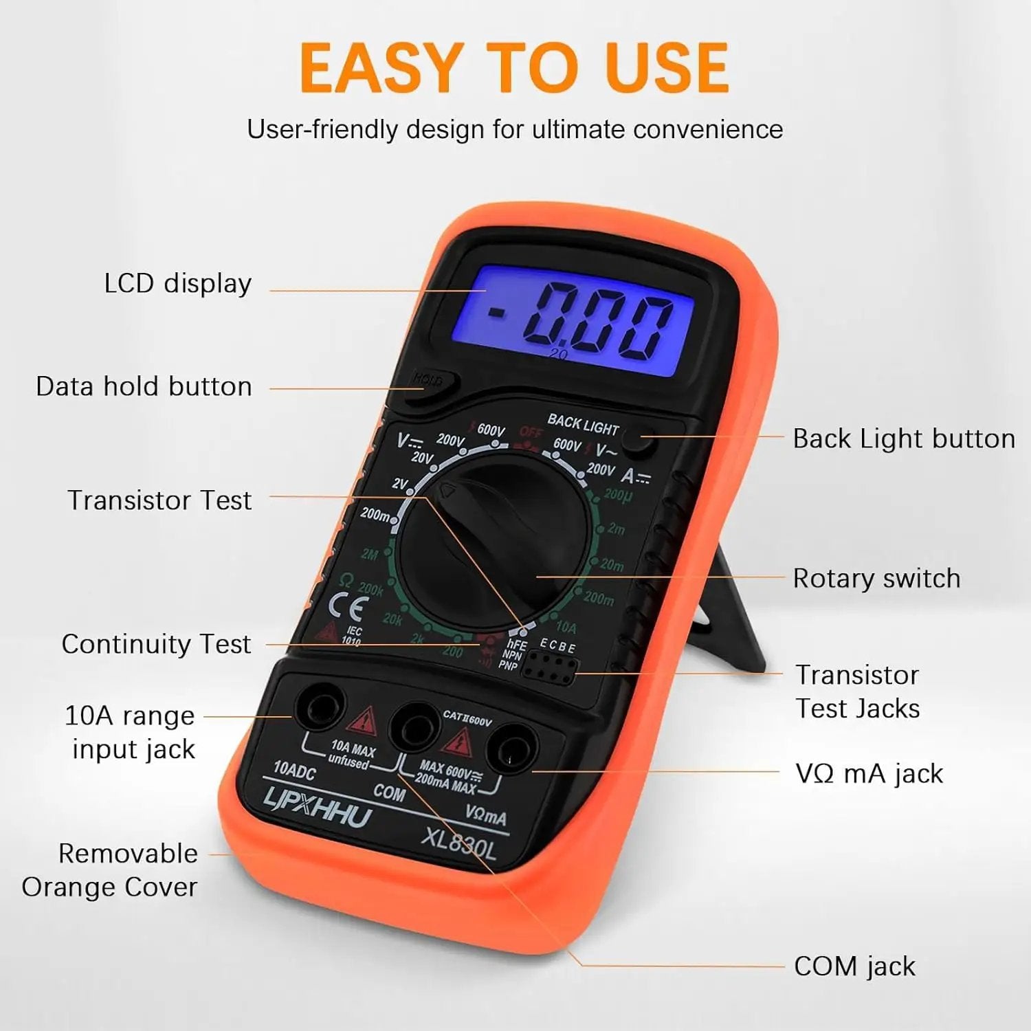 Digital Multimeter Voltmeter And Battery Tester With Backlit LCD For AC DC Voltage DC Current Resistance Continuity Diode Transistor HFE Test And Car Battery Check Includes Test Leads, front view showing LCD display and buttons.