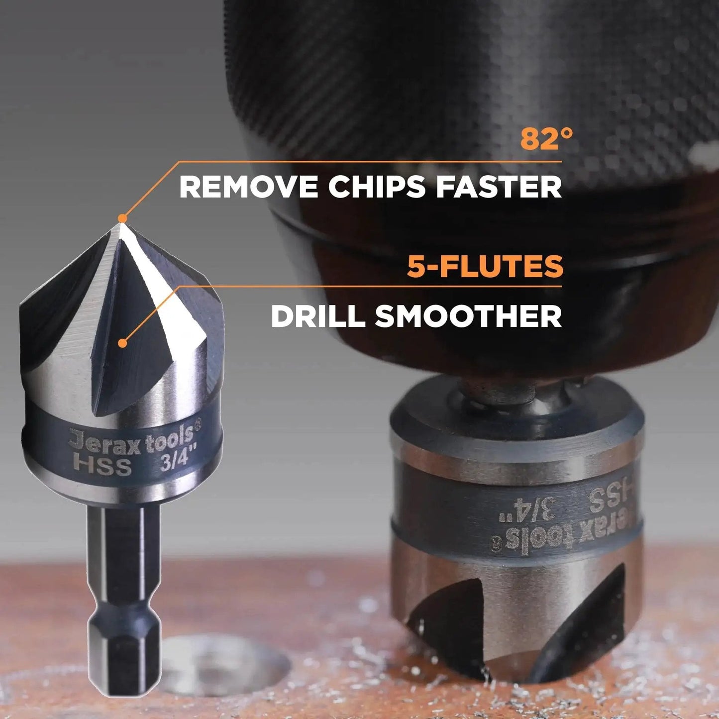 Close-up of Tungsten Carbide Deburring Tool Set With Quick Release Hex Shank For Internal And External Chamfering 4 Piece Kit Including Three Quarter Inch And One And One Eighth Inch External Chamfer Bits.