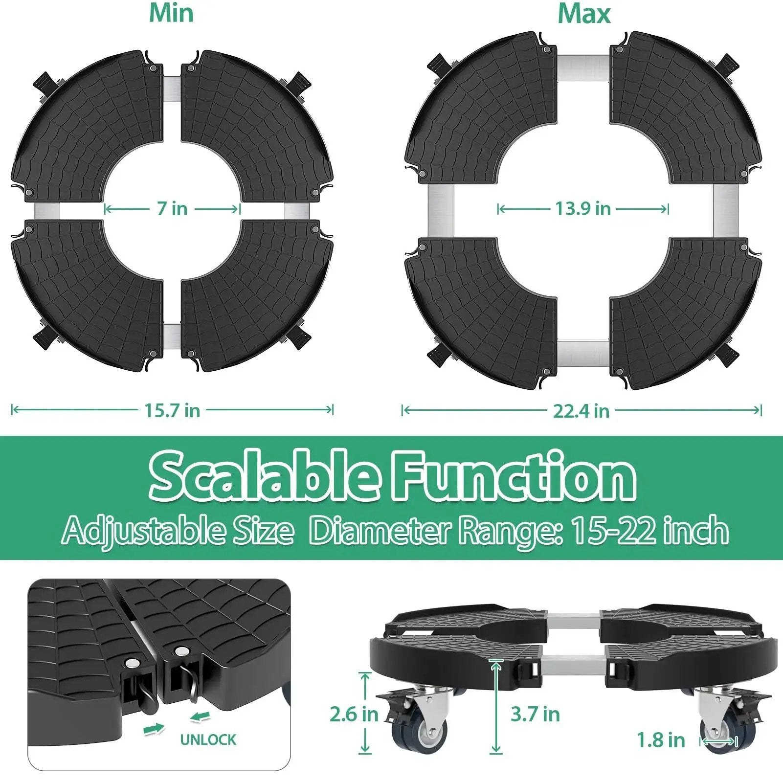 Diagram showing Lockable Wheel Plant Caddy Heavy Duty 450 Pounds Capacity with adjustable 15-22 inch rolling base and lockable wheels