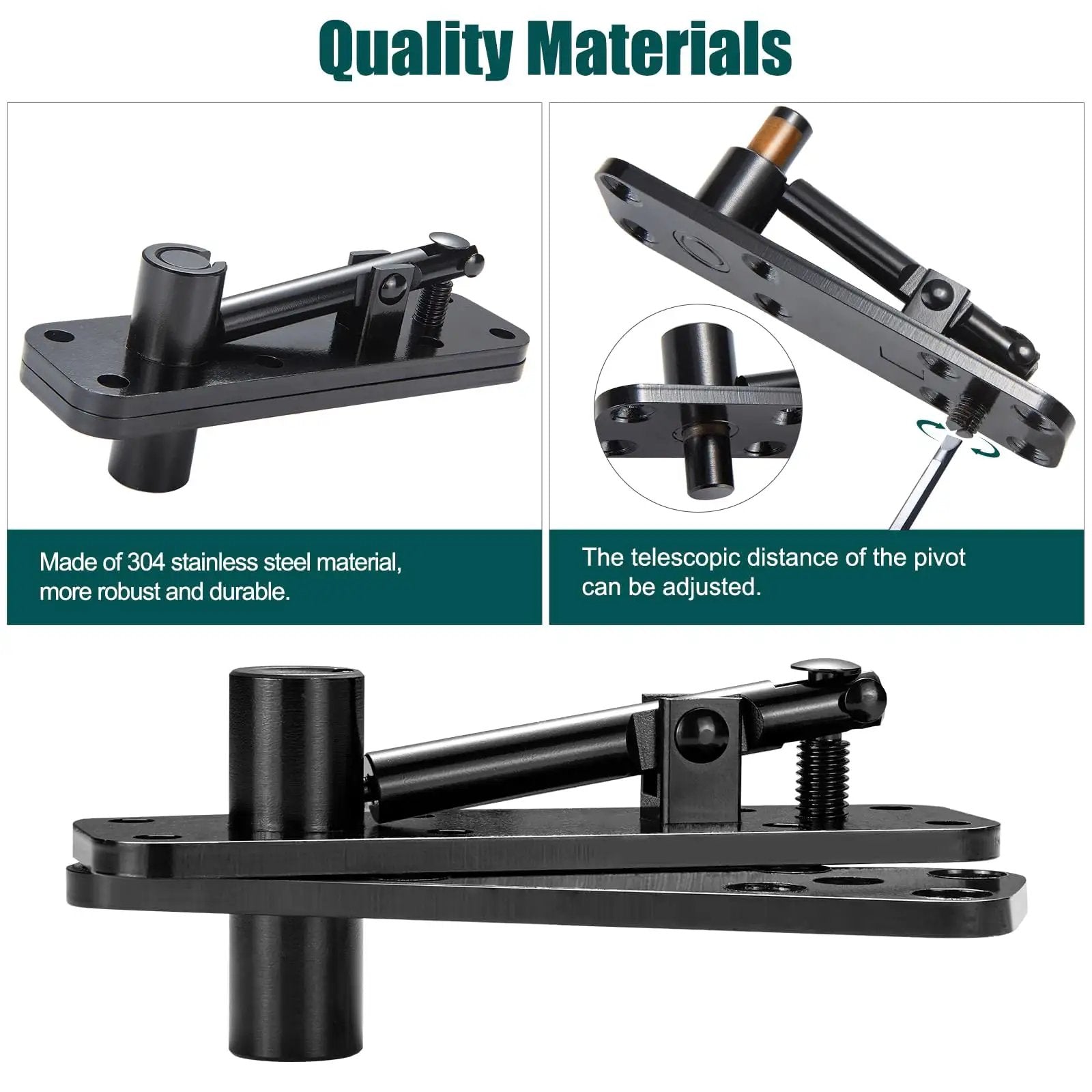 Heavy Duty Hidden Door Pivot Hinge For 360 Degree Rotation, 573 Lb Load Bearing, shown in 304 stainless steel with screws and driver