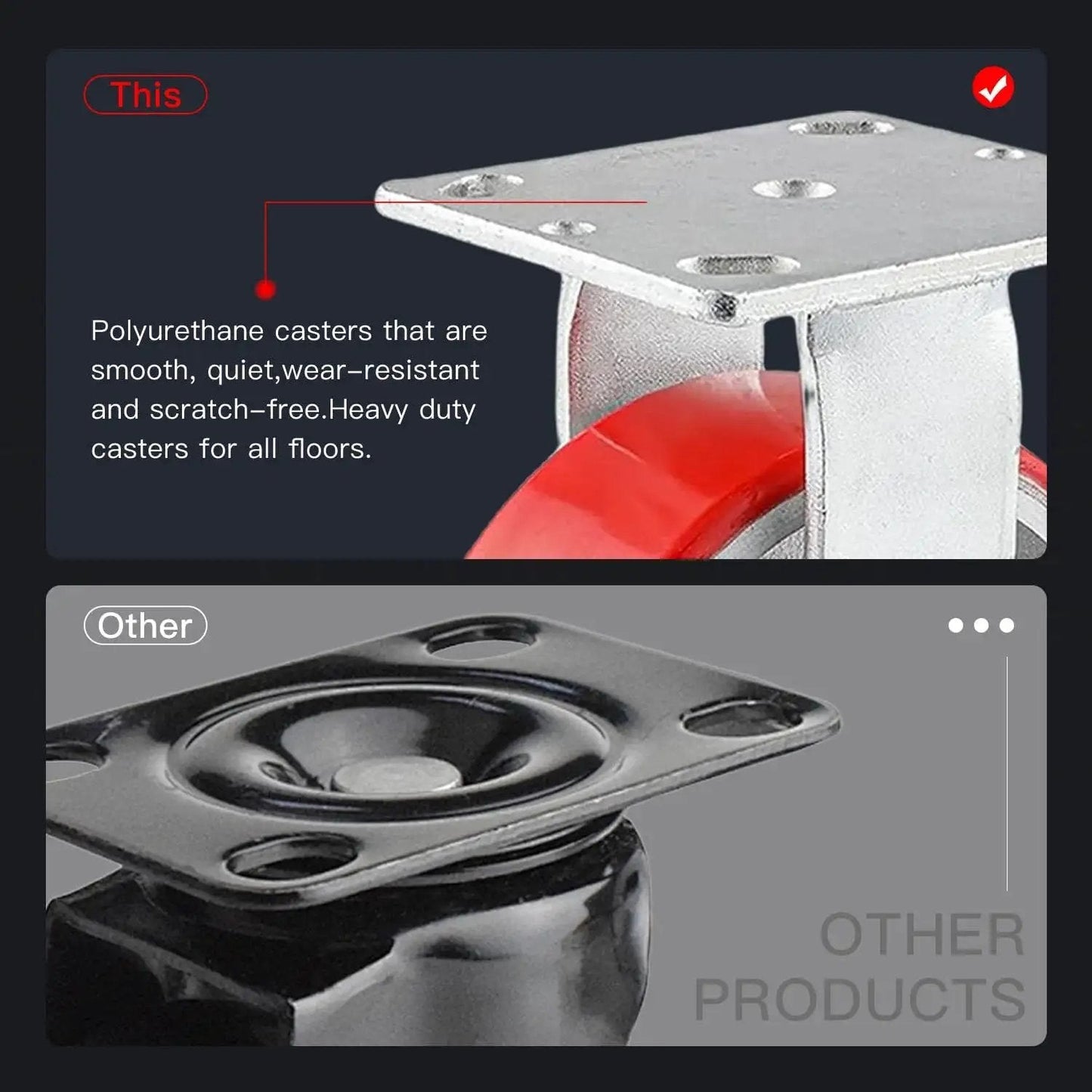 Close-up of Industrial Casters Set Of 4 With Brakes, 6 Inch swivel wheel showing polyurethane tread and aluminum plate.