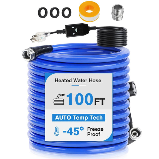 Heavy Duty Heated RV Water Hose 100 Ft Five Eighths Inch With Auto Thermostat For Freezing Weather Anti Freeze Drinking Water Line 25mm Thick Upgrade Flexible Durable Leak Free Fittings US Standard visible with fittings and connectors.