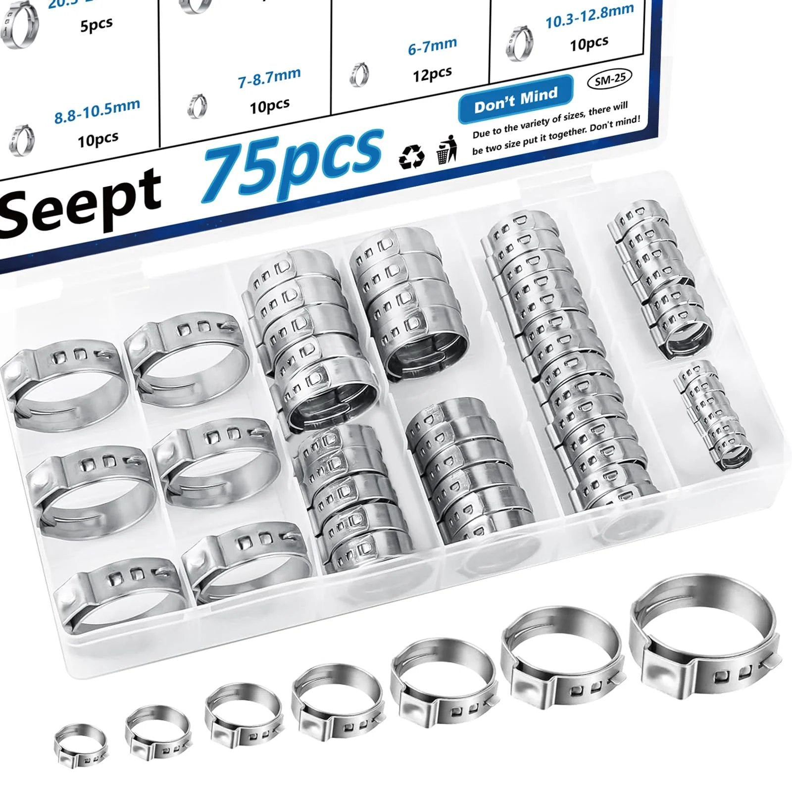 75 Pcs 8 Sizes 304 Stainless Steel Single Ear Hose Clamps Crimp Stepless Assortment Kit For Automotive And Home Appliances