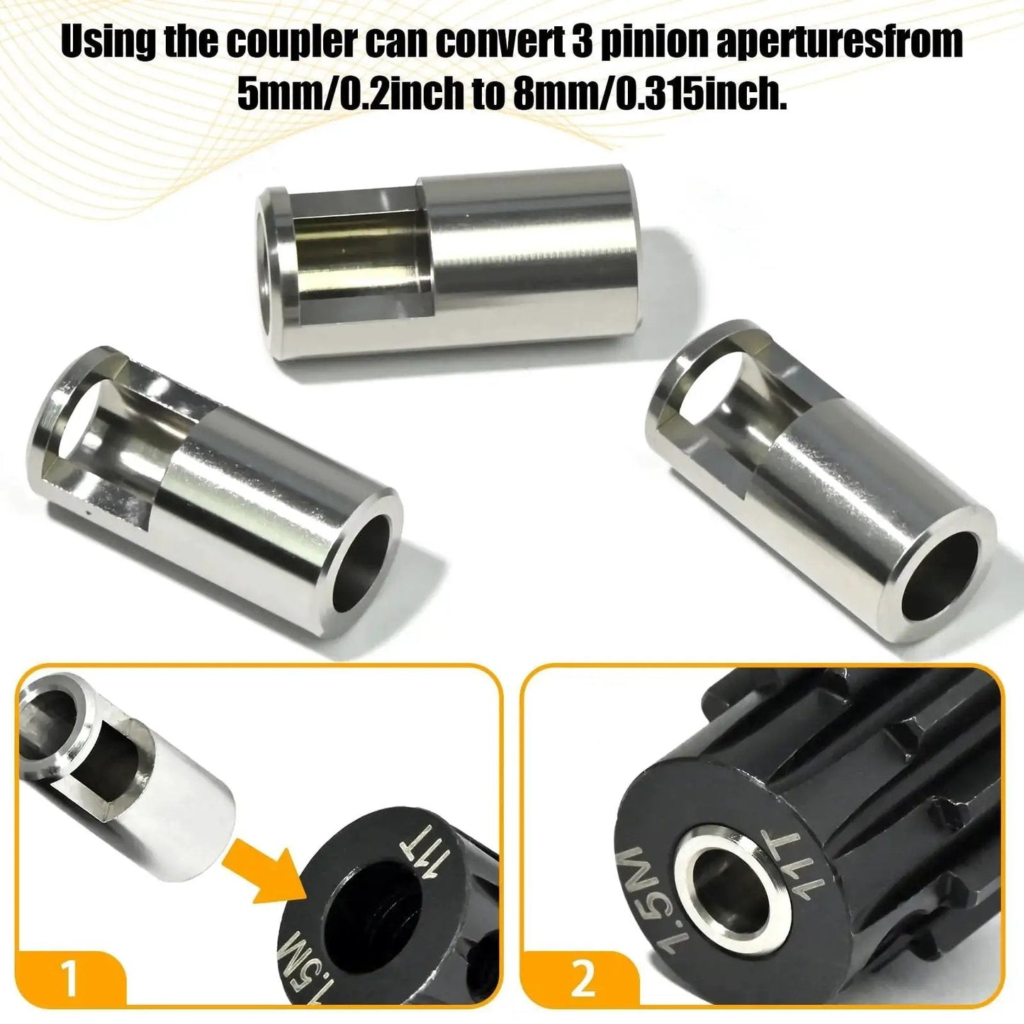 Three-piece 8mm to 5mm RC gear adapter sleeve set, stainless steel, for use with RC boats, planes, and cars; includes pinion reducer.