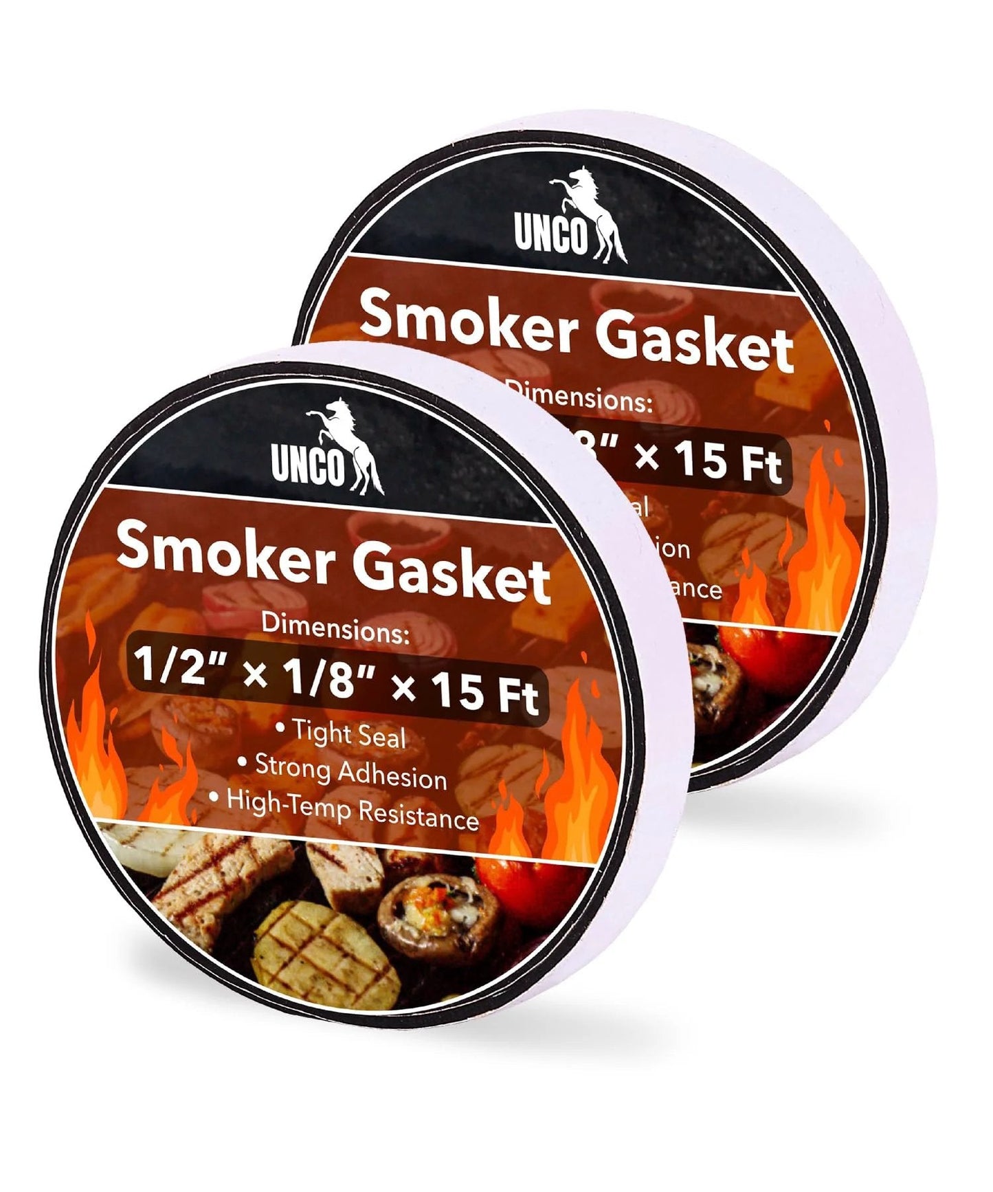 Smoker Gasket 2 Pack 15 ft High Temp Black Grill Seal to Stop Air Leaks and Maintain Smoke and Temperature, Half Inch Wide by One Eighth Inch Thick, Durable Universal Fit for Charcoal and Gas Grills, By UNCO packaging