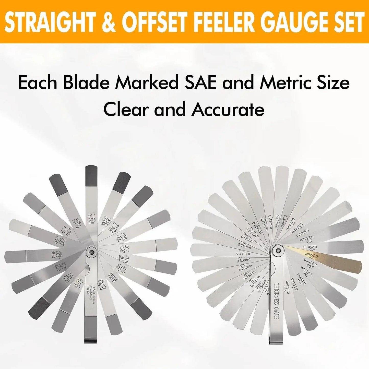 Two Piece Stainless Steel Feeler Gauges Set For Valves And Spark Plug Gaps SAE And Metric Straight 32 Blade Gauge And Angled 16 Blade Offset Gauge