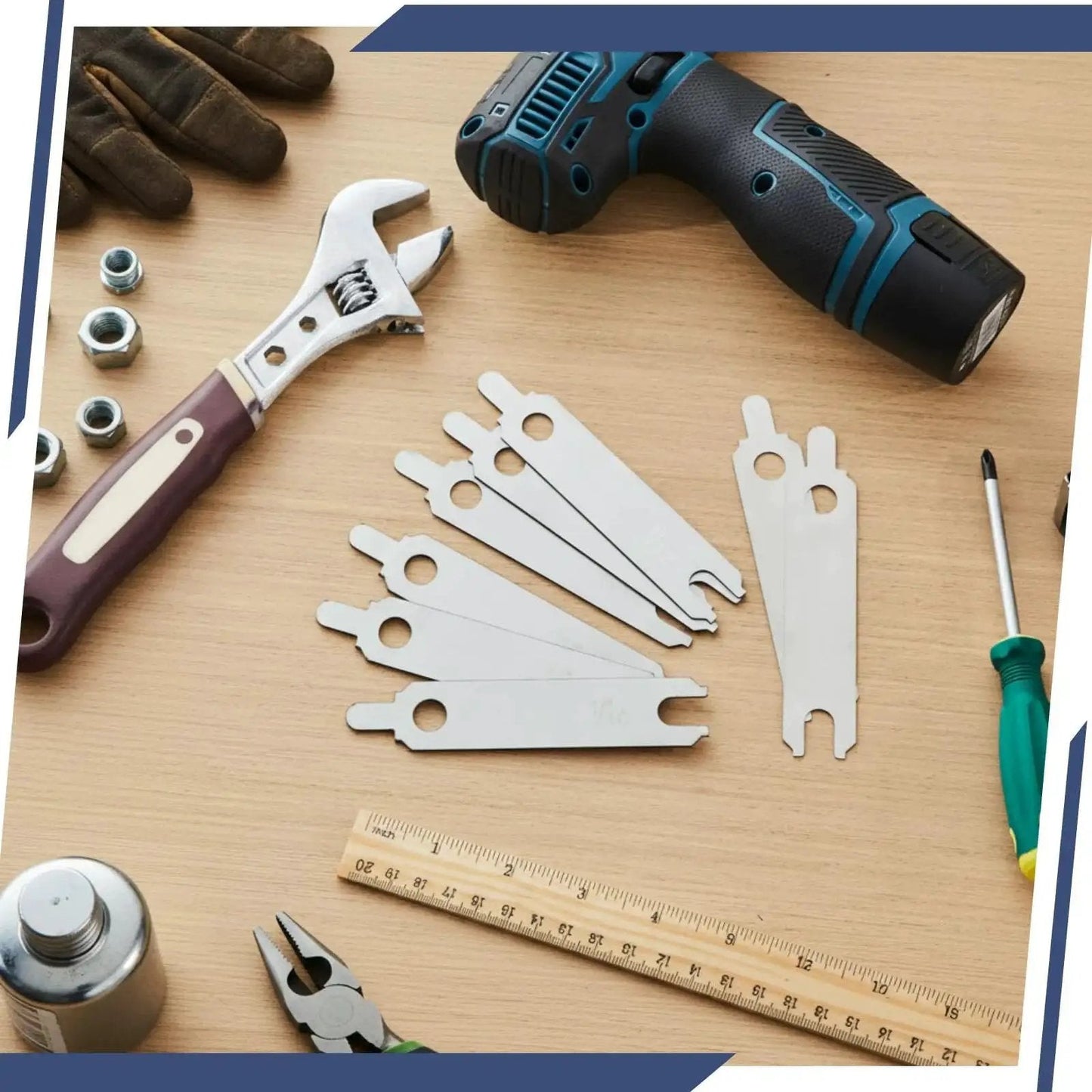 Starter Alignment Shim Kit 10 Pcs Stainless Steel 304 1/64 1/32 1/16 Universal on workbench with tools and accessories.