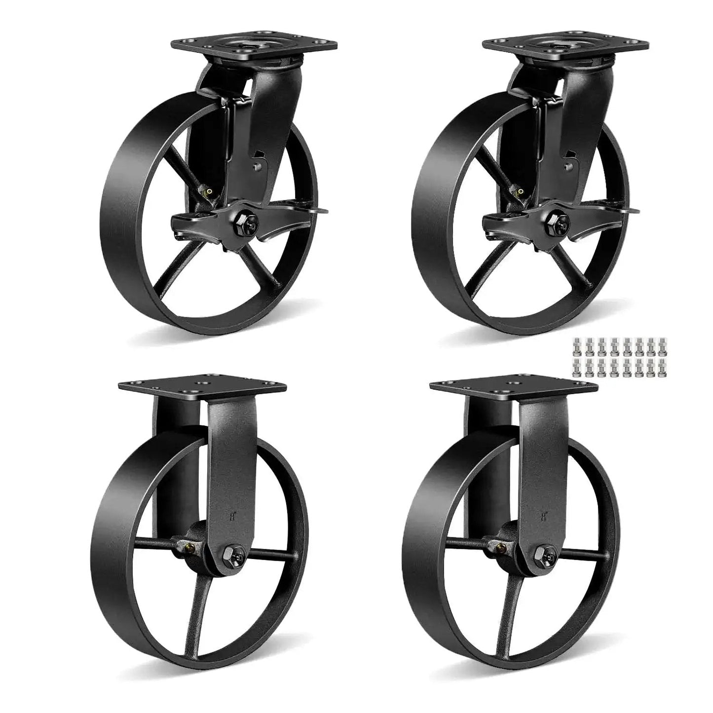 Heavy Duty Industrial Caster Wheels Set Of 4 8 Inch Rigid And Brake Cast Iron Steel Hubs For Workbenches and Equipment.