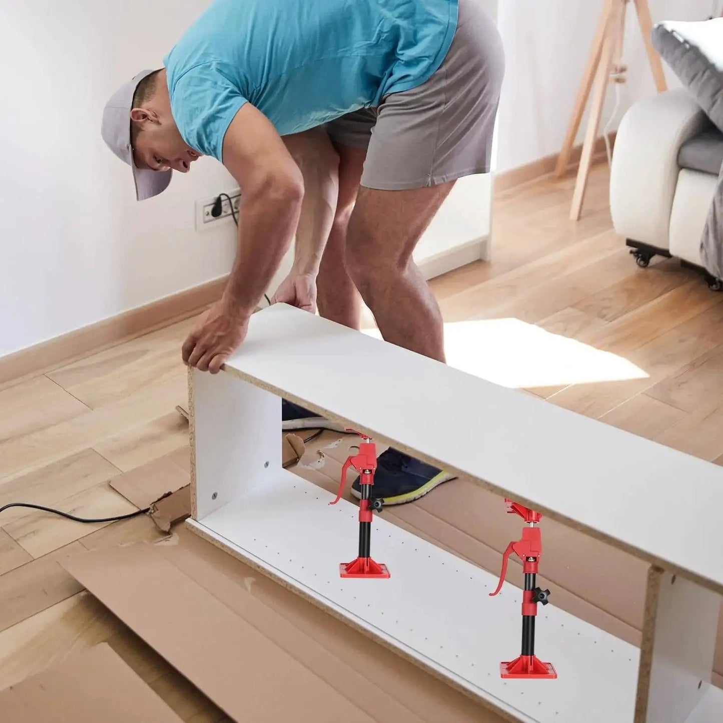 Adjustable Third Hand Pole For Cabinet Installation 11.8 To 23.5 In 78 Lb 2 Pack supporting a cabinet during assembly