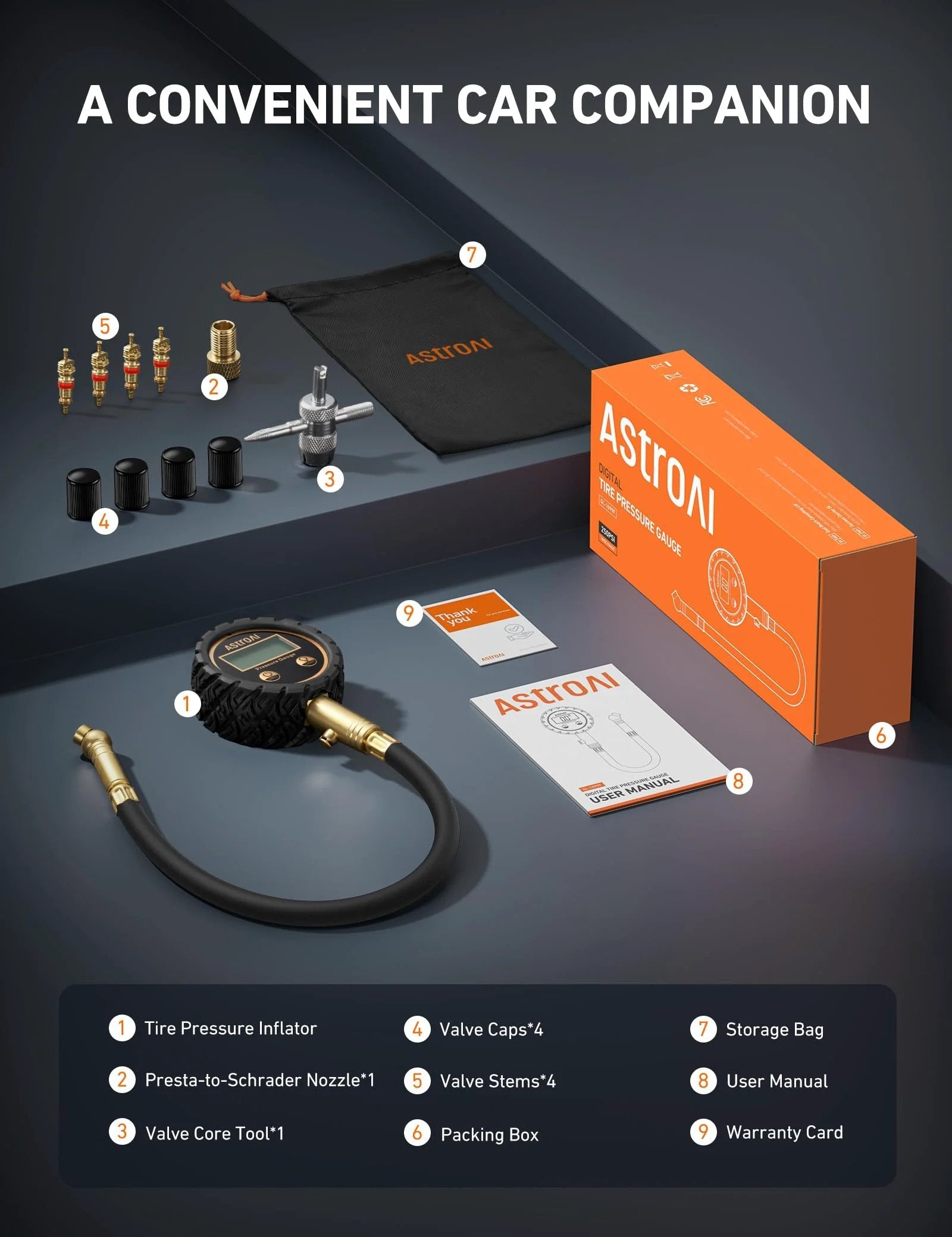 Car Tire Pressure Gauge With Backlit LED, Solid Brass Construction And Rubber Hose, Air Bleeder Valve, complete tool kit layout.