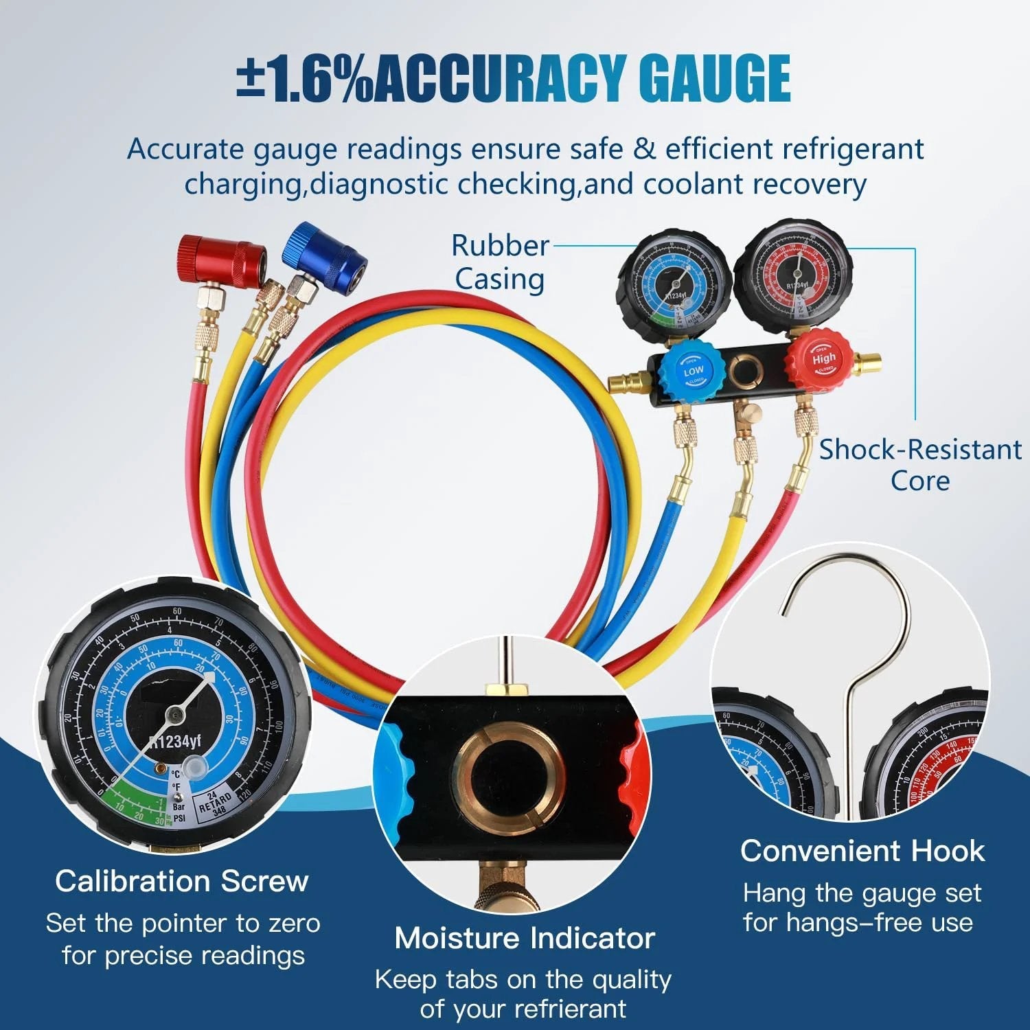 Powerful 4.5 CFM 1/3 HP Vacuum Pump Auto AC Service Kit With 3 Way R1234yf Manifold Gauge Set Leak Detector Puncture Can Tap Quick Couplers And 3 48 Inch Hoses For Easy Refrigerant R1234yf Repairs showing accuracy gauge and components.