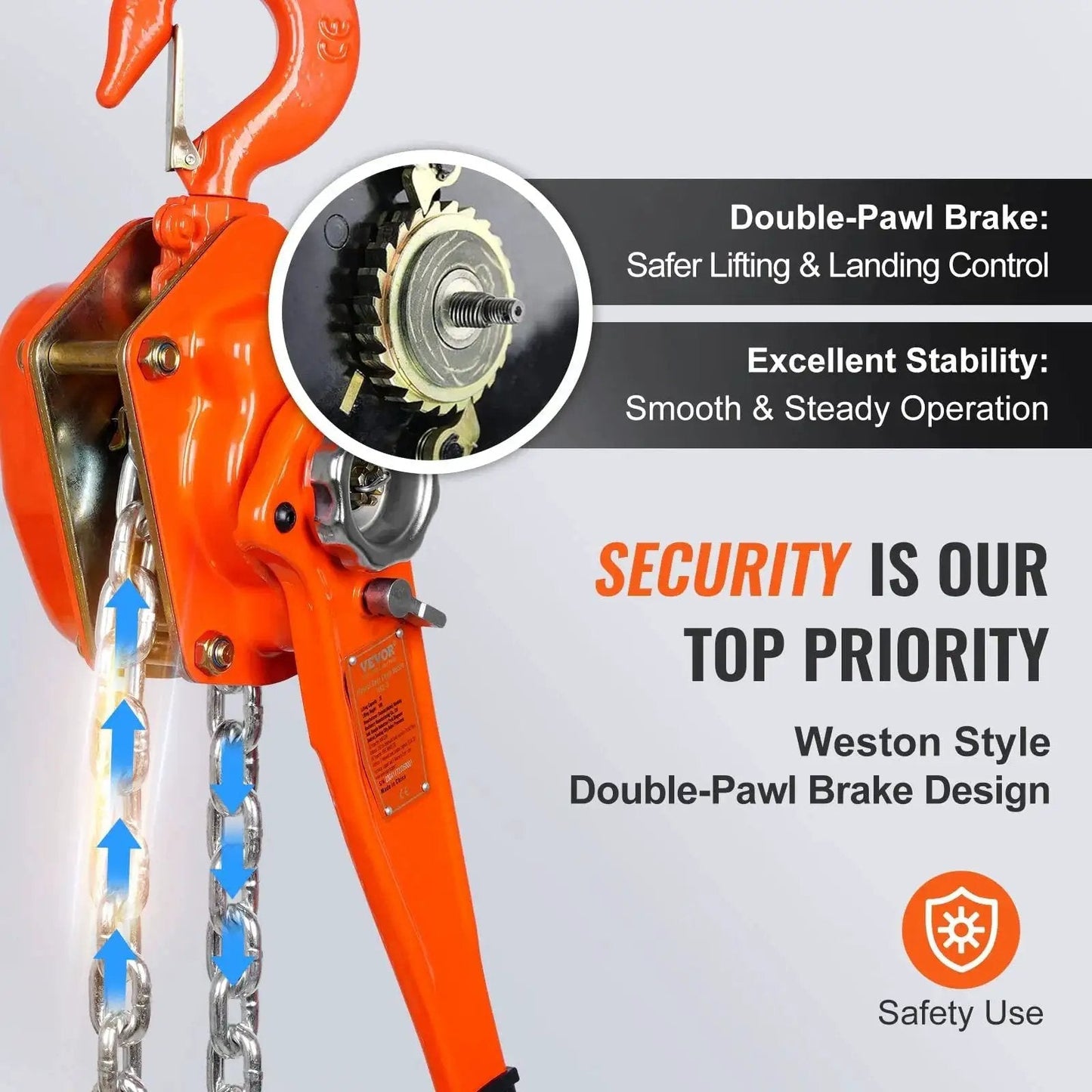 Manual Lever Chain Hoist 3 Ton 6600 Lb, 20 Ft, G80 Weston Brake 360 Degree Hook with highlighted features