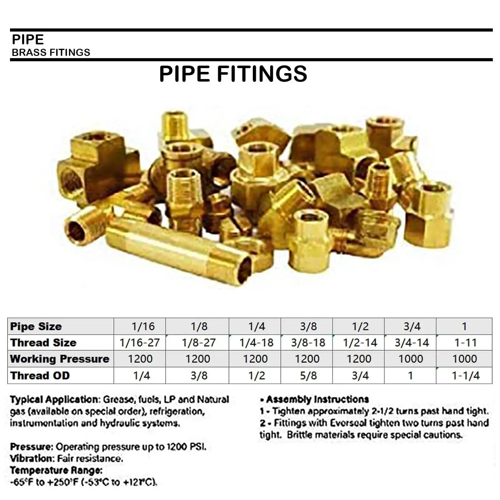 Assorted brass pipe fittings including elbows and tees with size chart, ideal for plumbing and connectors.