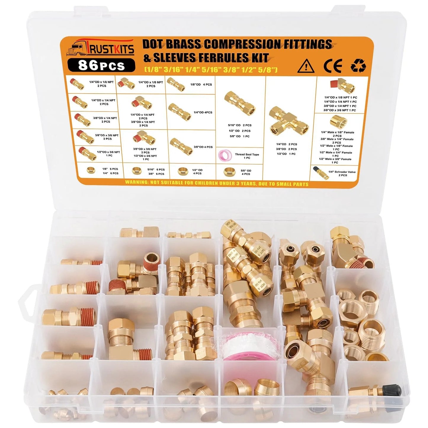 Heavy Duty Brass DOT Air Brake Fittings Kit with 86 Pieces in Open Box, Includes Compression Adapters For Nylon Tubing
