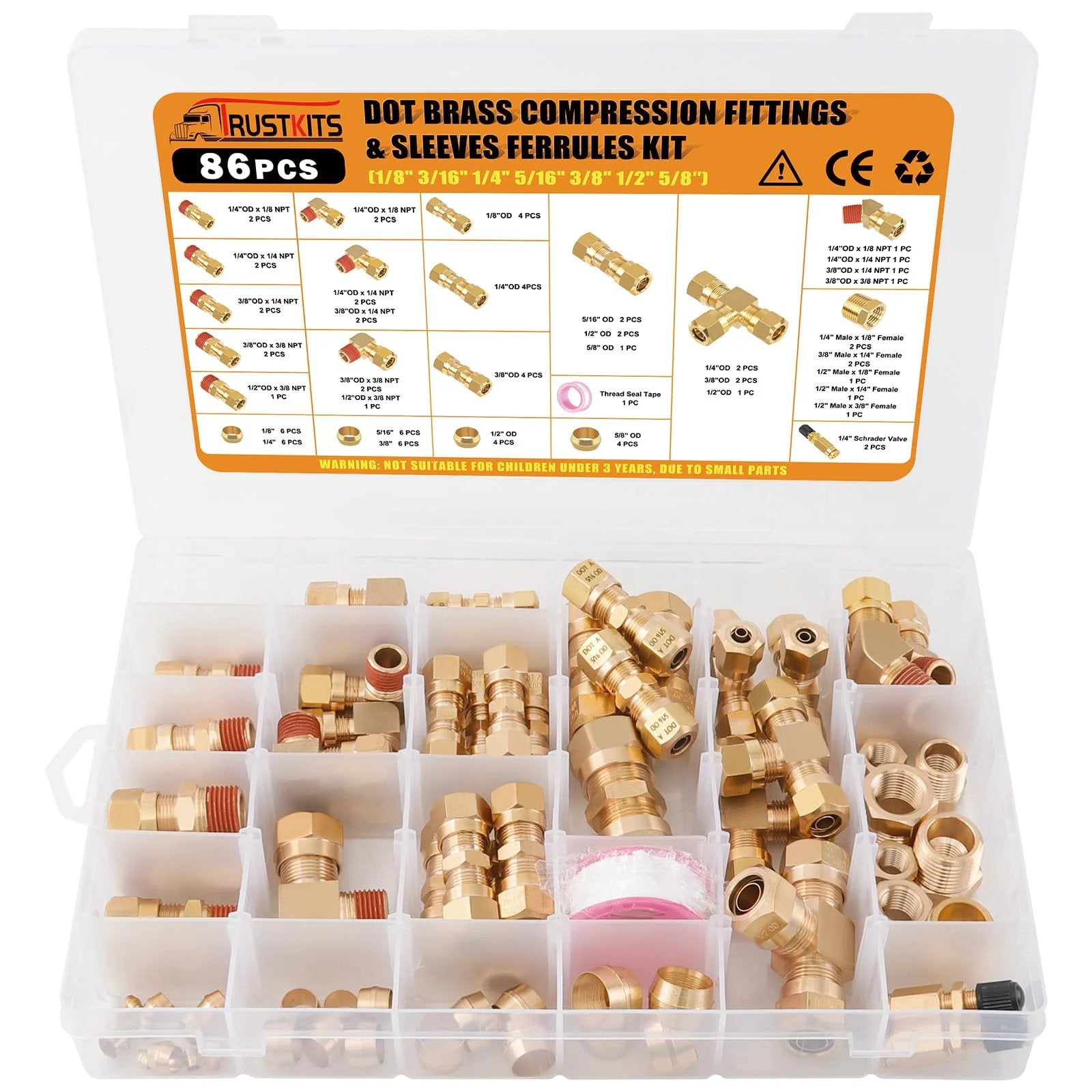 Heavy Duty Brass DOT Air Brake Fittings Kit with 86 Pieces in Open Box, Includes Compression Adapters For Nylon Tubing
