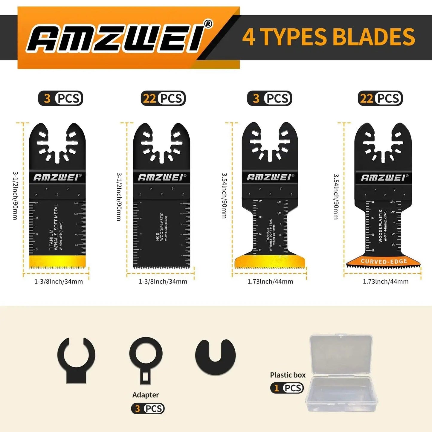 Titanium Oscillating Tool Blades Set, 50 Pcs Includes 6 Titanium Blades, 22 Curved Edge HCS Blades, And 22 HCS Blades For Metal Wood Plastic