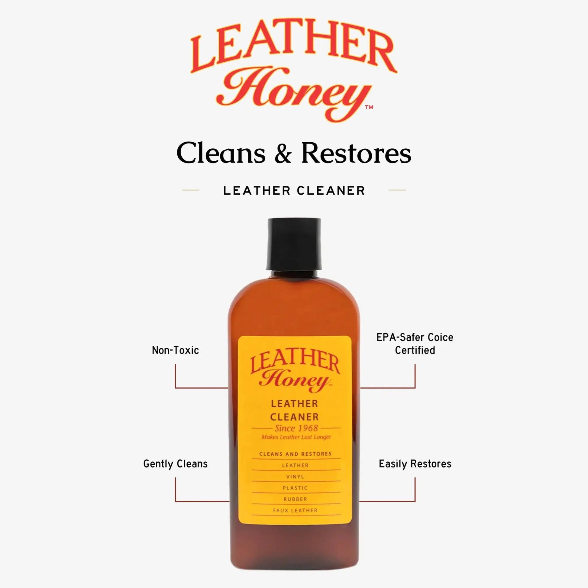Non Toxic Leather Cleaner For All Leather Goods That Deep Cleans Leather, Faux And Vinyl On Couches, Car Seats, Purses, Shoes And Bags From USA Since 1968 Leather Honey in a transparent 16 oz bottle.