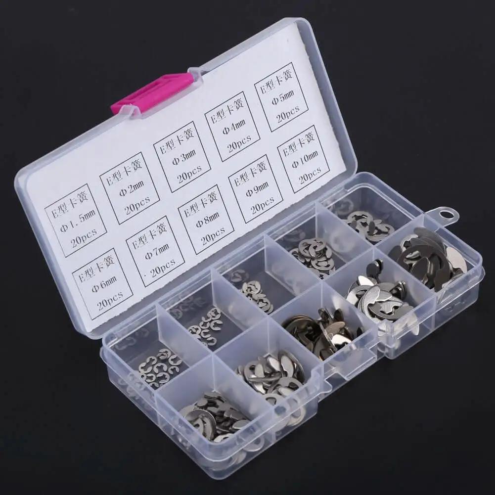 Heavy Duty E Clip Retaining Clip Kit For Gears Pulleys Axles And Engines, Heat Treated 304 Stainless Steel External Circlips, 200 Piece Assortment From 1.5mm To 10mm, Ideal For Locking Mechanisms And Anti Walk Washers in plastic case