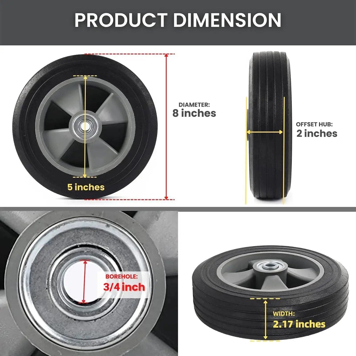 Product dimensions of Two Pack 8 Inch Flat Free Solid Rubber Wheel And Tire Assemblies for hand trucks and garden carts