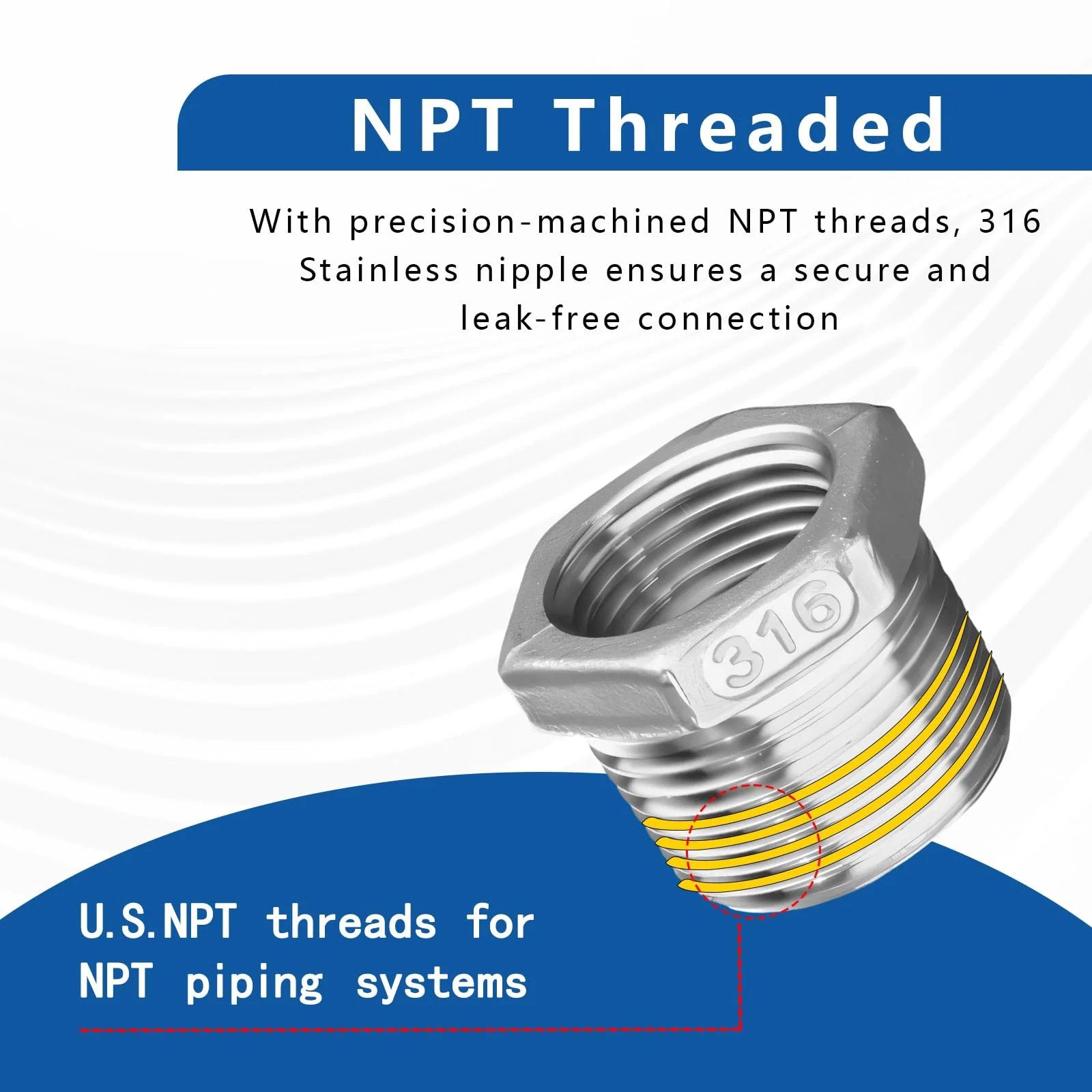 Heavy Duty 316 Stainless Steel Hex Bushing Reducer Three Quarter Inch To One Quarter Inch NPT Male To Female Pipe Fitting Adapter Corrosion Resistant Connector For Plumbing Hydraulic Air Oil And Gas Systems, product image showing detailed NPT thread.