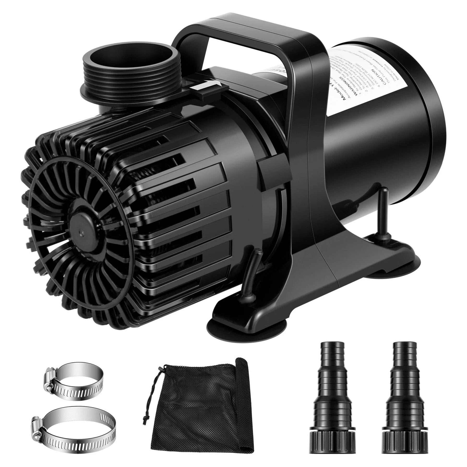 All-Purpose Submersible Pond Pump 1800 GPH, 100W, 14 Ft Lift, with accessories for ponds and hydroponics.
