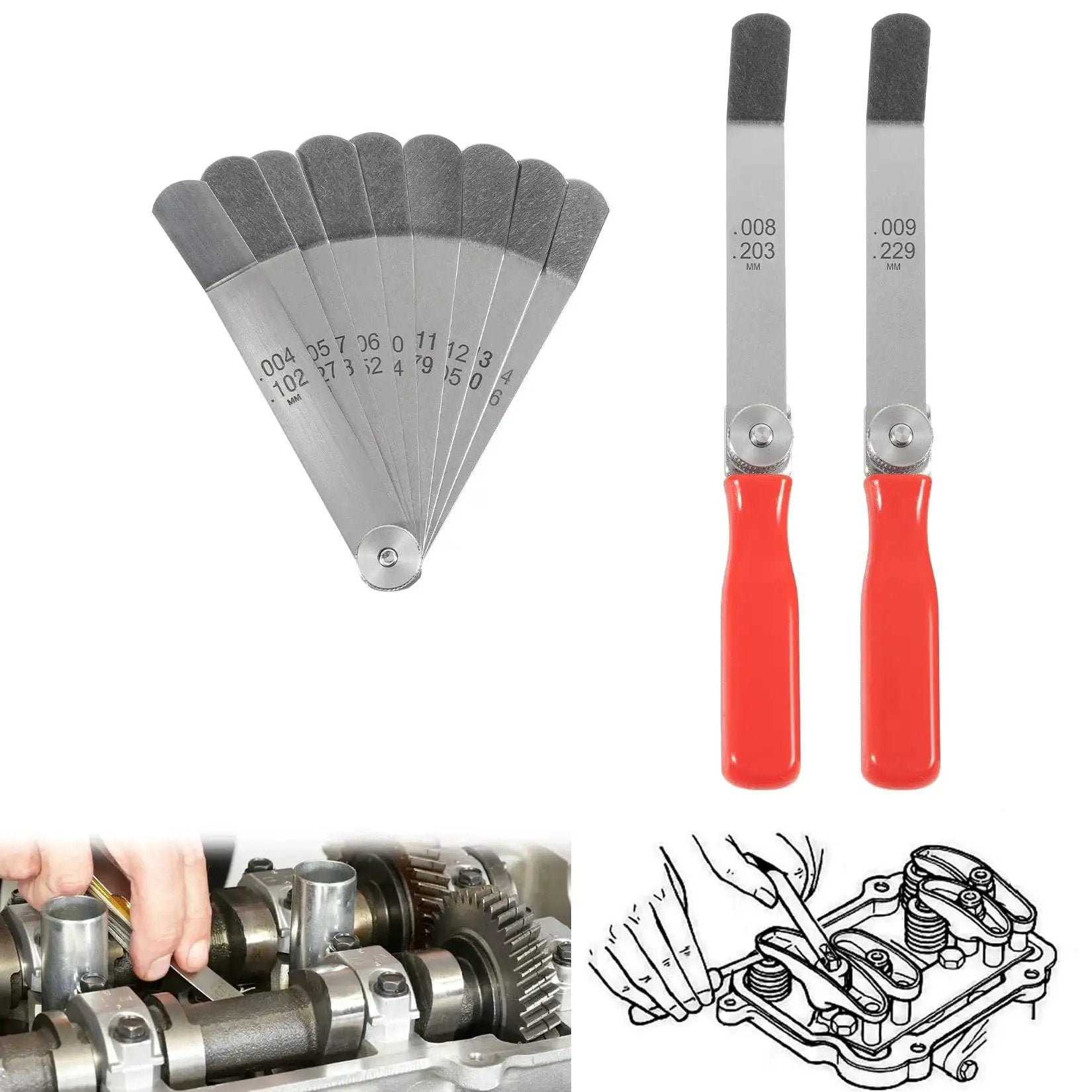Offset Valve Tappet Gauge Set Featuring Two Handles And 11 Blade Sizes For Precise Valve Lash Adjustment 0.004 To 0.014 Inch Feeler Blades With Durable Steel Build Ideal for DIY Auto Maintenance By Yourour displayed with red handles, feeler blades, and engine diagram.