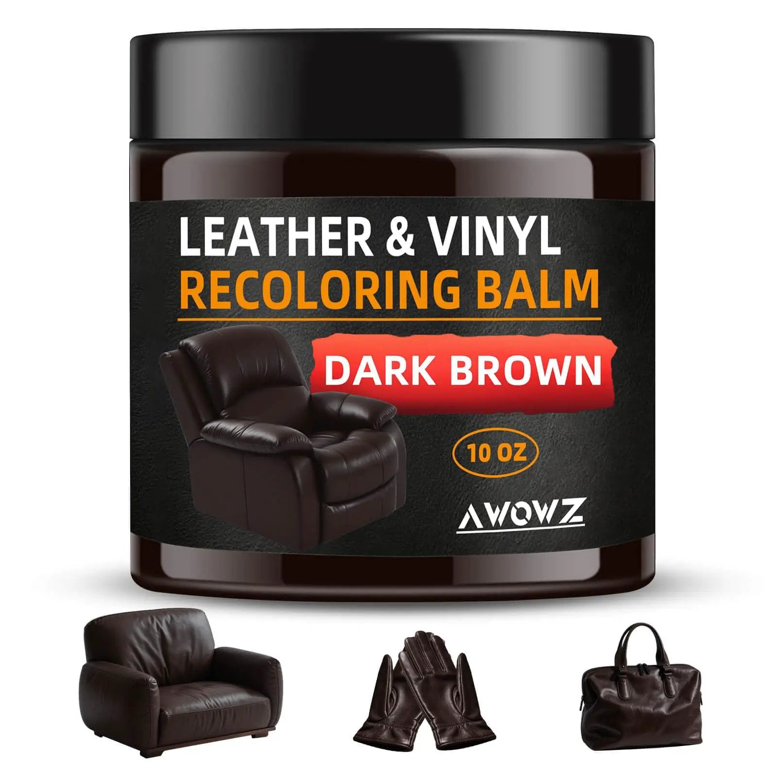 Leather Recoloring Balm For Faded Leather And Scratches Easy Color Restoration Kit For Couches Car Seats Auto Interior Vinyl And Accessories 10 Oz Dark Brown formula in a jar with sponges and gloves visible.