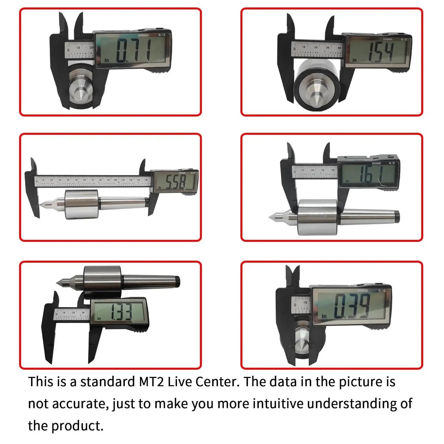 Digital calipers measuring MT2 Live Center Long Nose 60 Degree With Triple Bearing dimensions for precision turning on lathes.