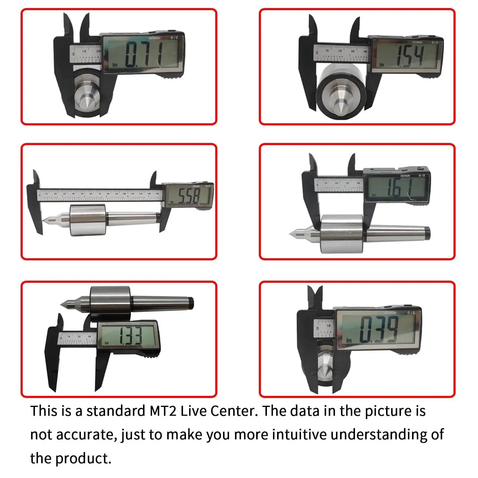 Digital calipers measuring MT2 Live Center Long Nose 60 Degree With Triple Bearing dimensions for precision turning on lathes.