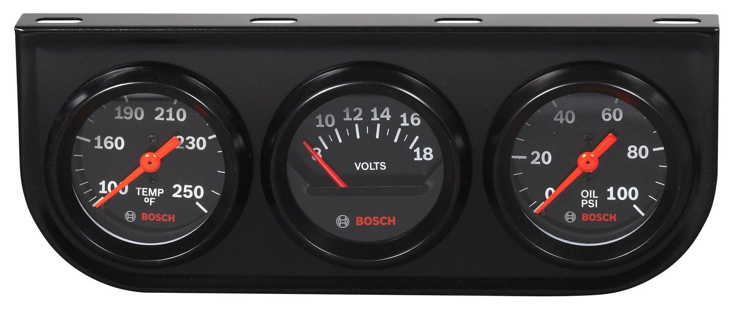 Style Line 2 Inch Triple Gauge Kit With Black Dial Face And Black Bezel By Bosch Includes Oil Water Temperature Gauge, Electrical Voltmeter, Mechanical Oil Pressure Gauge, 72 Inch High Temp Nylon Tubing, 1/8 Inch And 1/4 Inch NPT Fittings, Mounting
