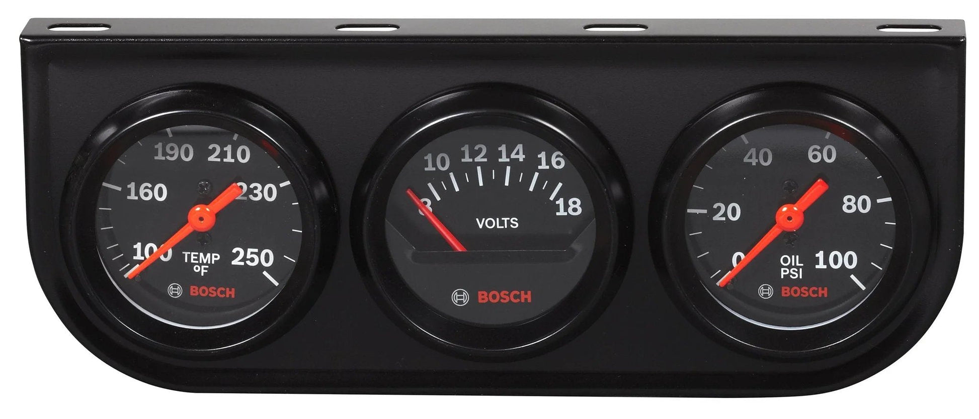 Style Line 2 Inch Triple Gauge Kit With Black Dial Face And Black Bezel By Bosch Includes Oil Water Temperature Gauge, Electrical Voltmeter, Mechanical Oil Pressure Gauge, 72 Inch High Temp Nylon Tubing, 1/8 Inch And 1/4 Inch NPT Fittings, Mounting