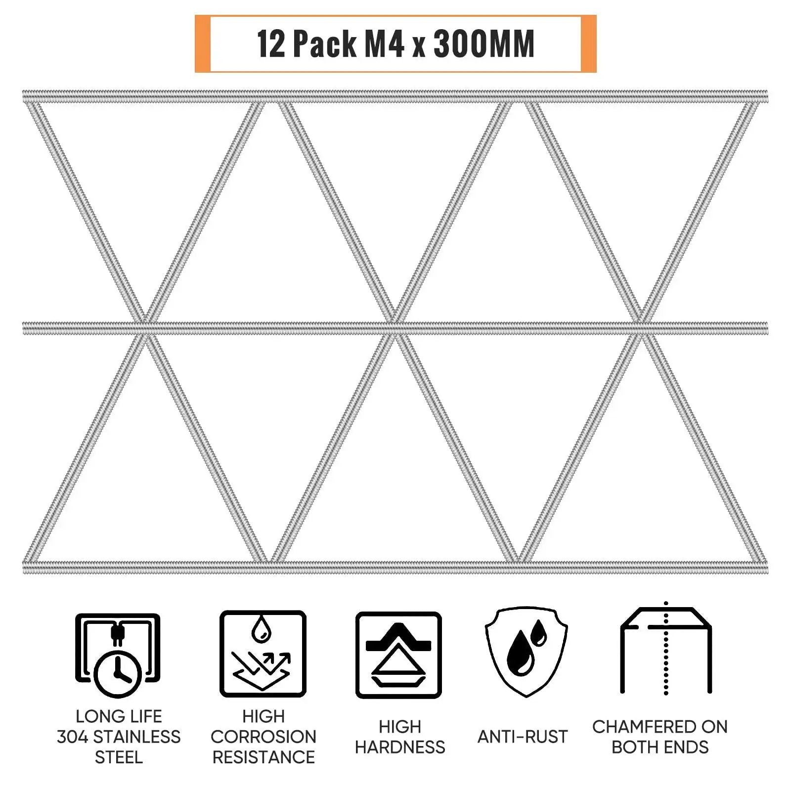 Illustration of 12-pack M4 x 300mm stainless steel rods showing features like corrosion resistance and high hardness