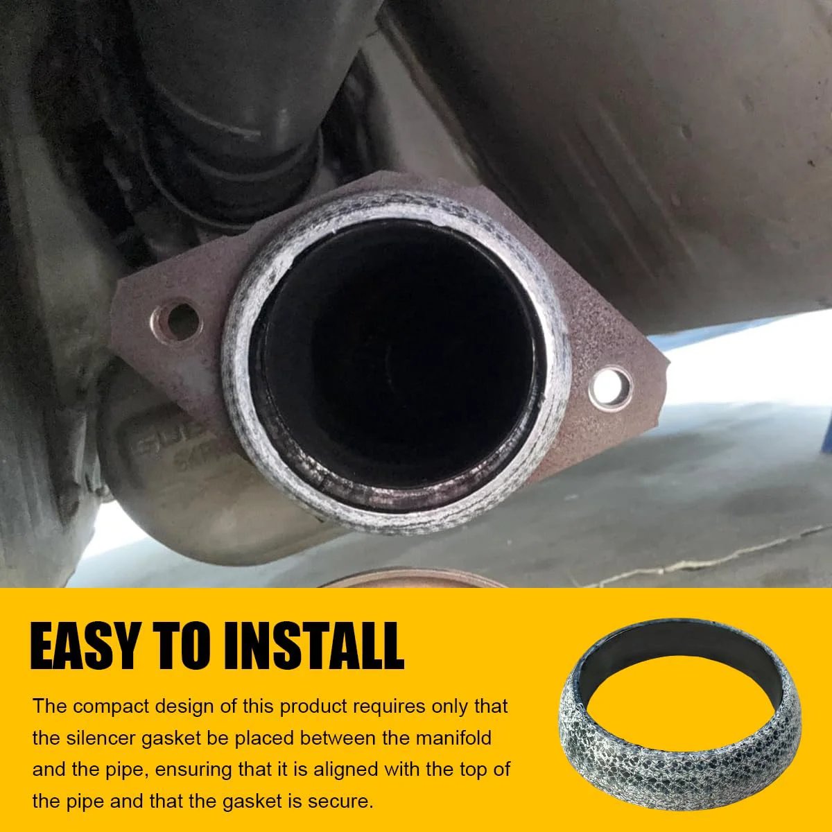 65mm Car Exhaust Gasket With High Grade Graphite Flange Seal Donut Muffler Ring shown near a pipe for installation.
