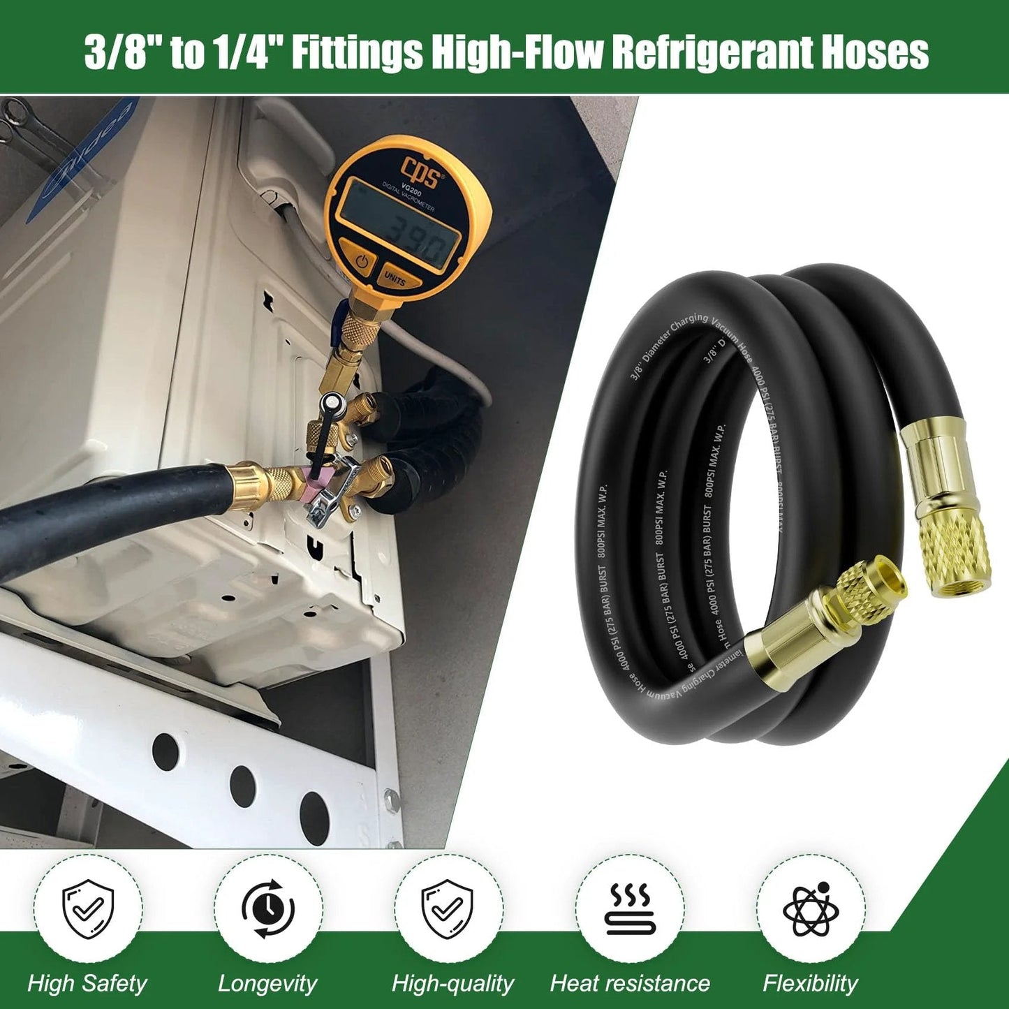 HVAC Vacuum Hose Six Foot Length With Three Eighths Inch Internal Diameter And Three Eighths To Quarter Inch Fittings