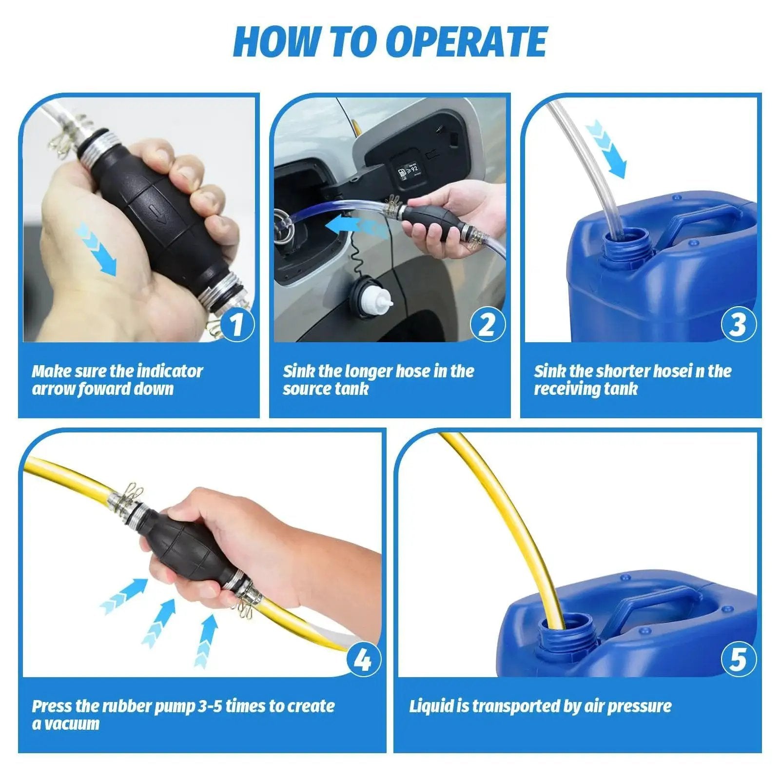 Instructions for using High Flow Portable Siphon Pump With 15mm PVC Hoses For Gasoline And Diesel with blue containers